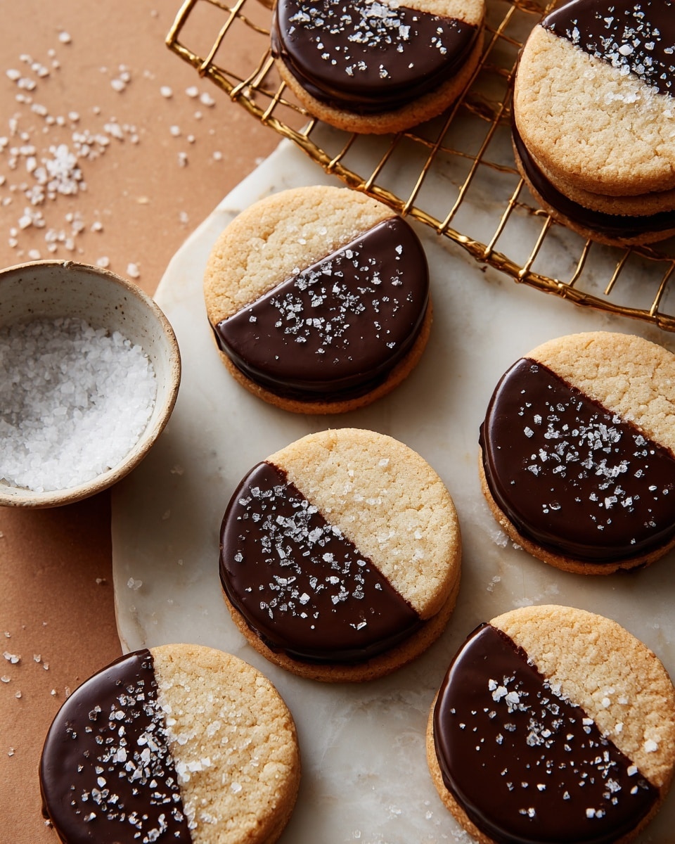 The image shows round cookies with three visible layers each, resting on a gold wire cooling rack over a white marbled surface. The bottom and top layers are light beige and crumbly looking, while the middle layer is a thick, smooth, shiny dark brown filling, possibly caramel or chocolate, evenly spread. Three cookies in the center are sliced to show the layers clearly, each slice standing upright with the filling visible. The whole cookies around the slices have the same smooth dark brown topping on top, covering the whole surface. Photo taken with an iphone --ar 4:5 --v 7