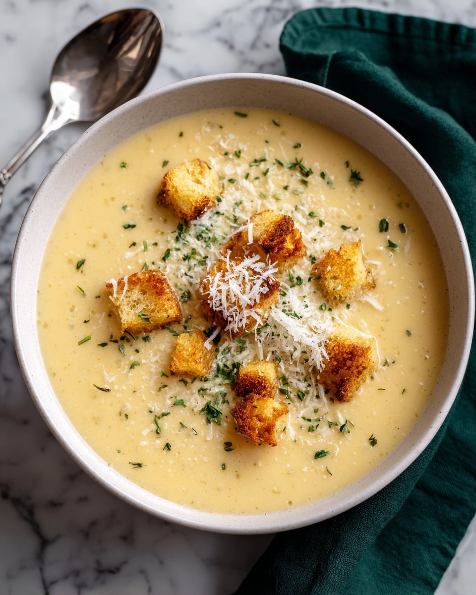 A brown bowl filled with creamy pale yellow soup that has a smooth texture, topped with several pieces of golden and dark brown crunchy croutons scattered unevenly on top, and sprinkled lightly with grated white cheese and ground black pepper. Around the bowl are a small white dish with ground pepper, a small white bowl with finely grated white cheese, and another brown bowl full of mixed golden and dark brown croutons. A spoon rests inside a second brown bowl filled with the same soup and croutons. The whole scene is set on a white marbled surface. Photo taken with an iphone --ar 4:5 --v 7