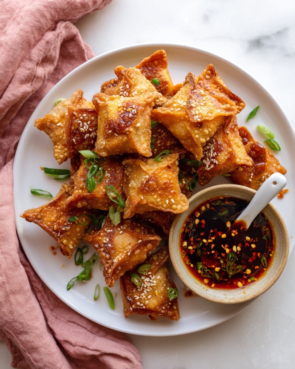The image shows a white plate with several crispy, golden-brown fried dumplings stacked unevenly. Each dumpling is square-shaped with a slightly wrinkled texture and sprinkled with white sesame seeds. Small pieces of bright green chopped scallions are scattered on and around the dumplings, adding a fresh contrast. On the side of the plate, there is a small round bowl filled with dark reddish-brown dipping sauce with visible chili flakes and sesame seeds, and a white spoon resting inside the bowl. The background surface is white marbled, and a soft pink cloth is partially visible in the upper corner. photo taken with an iphone --ar 4:5 --v 7