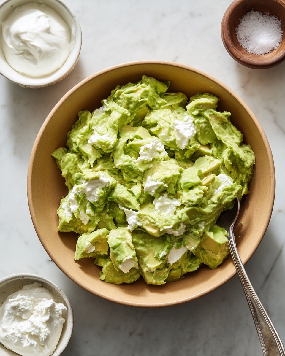 The image shows a tan bowl filled with slightly mashed green avocado pieces, some chunks remain, creating a mixed smooth and chunky texture. A silver fork rests in the bowl, partially covered with the avocado. The bowl is placed on a white marbled surface, and nearby there are two small white bowls, one with a dollop of white thick cream and the other with some powdery white substance. The scene is lit with natural light, highlighting the creamy and fresh look of the avocado. photo taken with an iphone --ar 4:5 --v 7