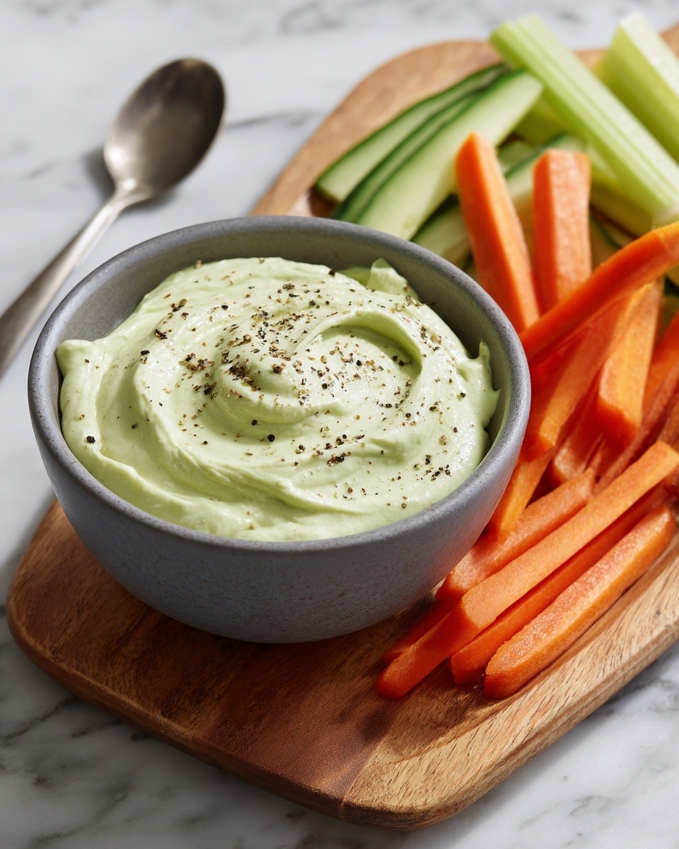 The dish shows a white plate on a white marbled surface. On the plate, there are two round, light brown crackers stacked slightly. On top and beside the crackers, there is a scoop of smooth, light green creamy dip. Next to the dip, there is a thick slice of cucumber with bright green skin and pale green flesh. At the back of the plate, three bright orange carrot sticks are placed. Part of a bowl with more green creamy dip is visible on the right side. Photo taken with an iphone --ar 4:5 --v 7