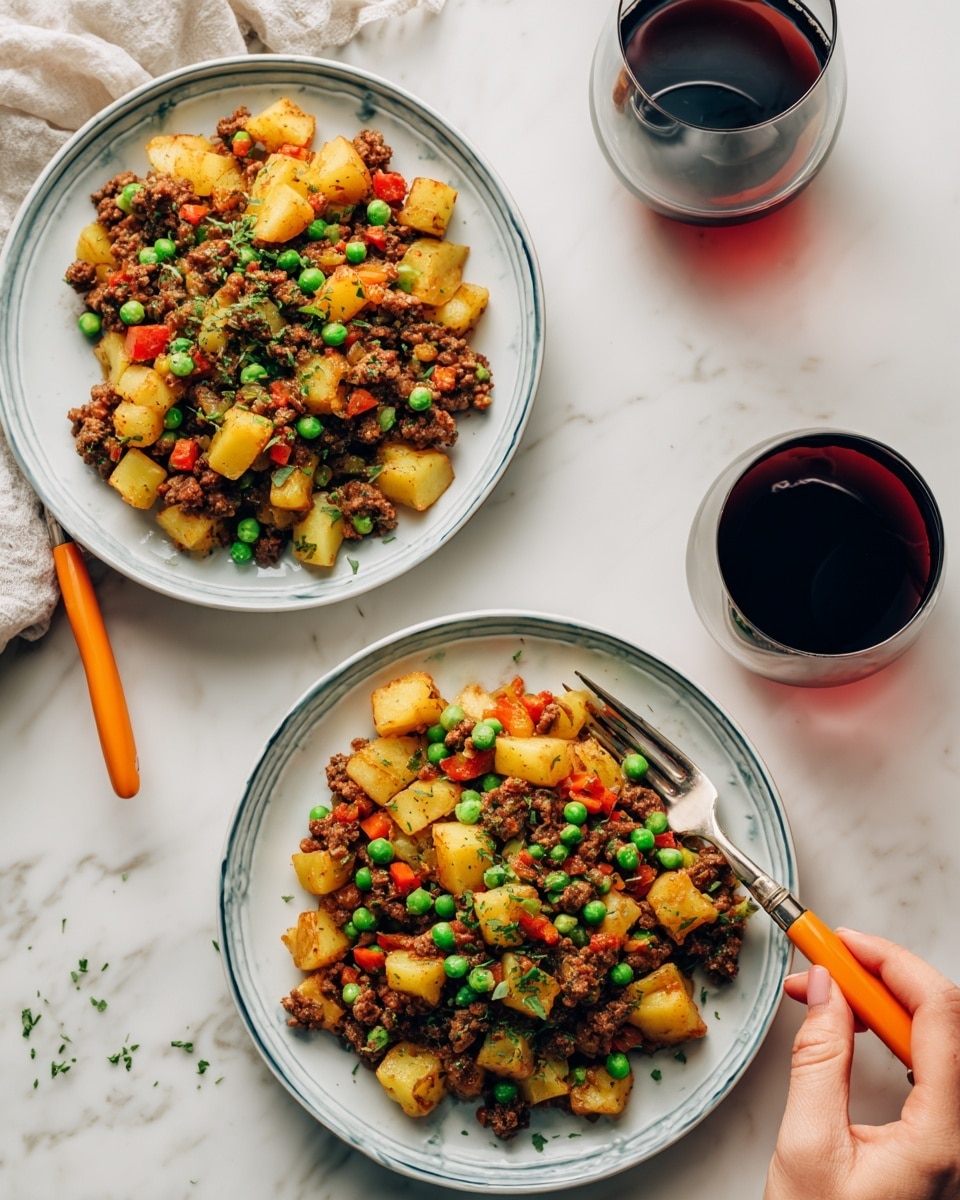 Two white plates with a thin blue rim each hold a colorful dish consisting of three main layers: at the bottom, small potato pieces with a golden-brown color and soft texture; in the middle, finely ground meat that is brown and slightly crumbly; and on top, scattered bright green peas and small diced red bell peppers adding pops of color. A fork with an orange handle rests on each plate, with one held by a woman's hand. In the background, there are two glasses of dark red wine sitting on a white marbled surface with a soft sprinkle of chopped green herbs on the dish. photo taken with an iphone --ar 4:5 --v 7