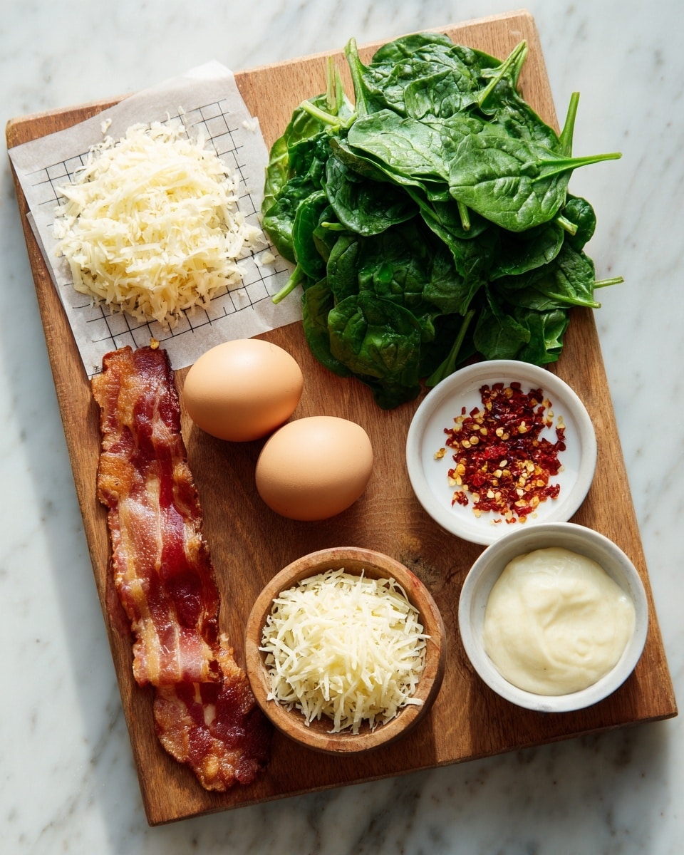 A wooden board with a sheet of round transparent rice paper with a square grid pattern on the left, a strip of cooked crispy bacon near the top right, and a cluster of fresh green leafy spinach at the bottom left. Two brown eggs are placed side by side at the bottom right. Three small white bowls are arranged on the top right corner: one with shredded white cheese, one with red chili flakes, and one with a dollop of light-colored creamy sauce. In the center of the board is a small wooden bowl filled with grated pale yellow cheese. The board rests on a white marbled surface. photo taken with an iphone --ar 4:5 --v 7