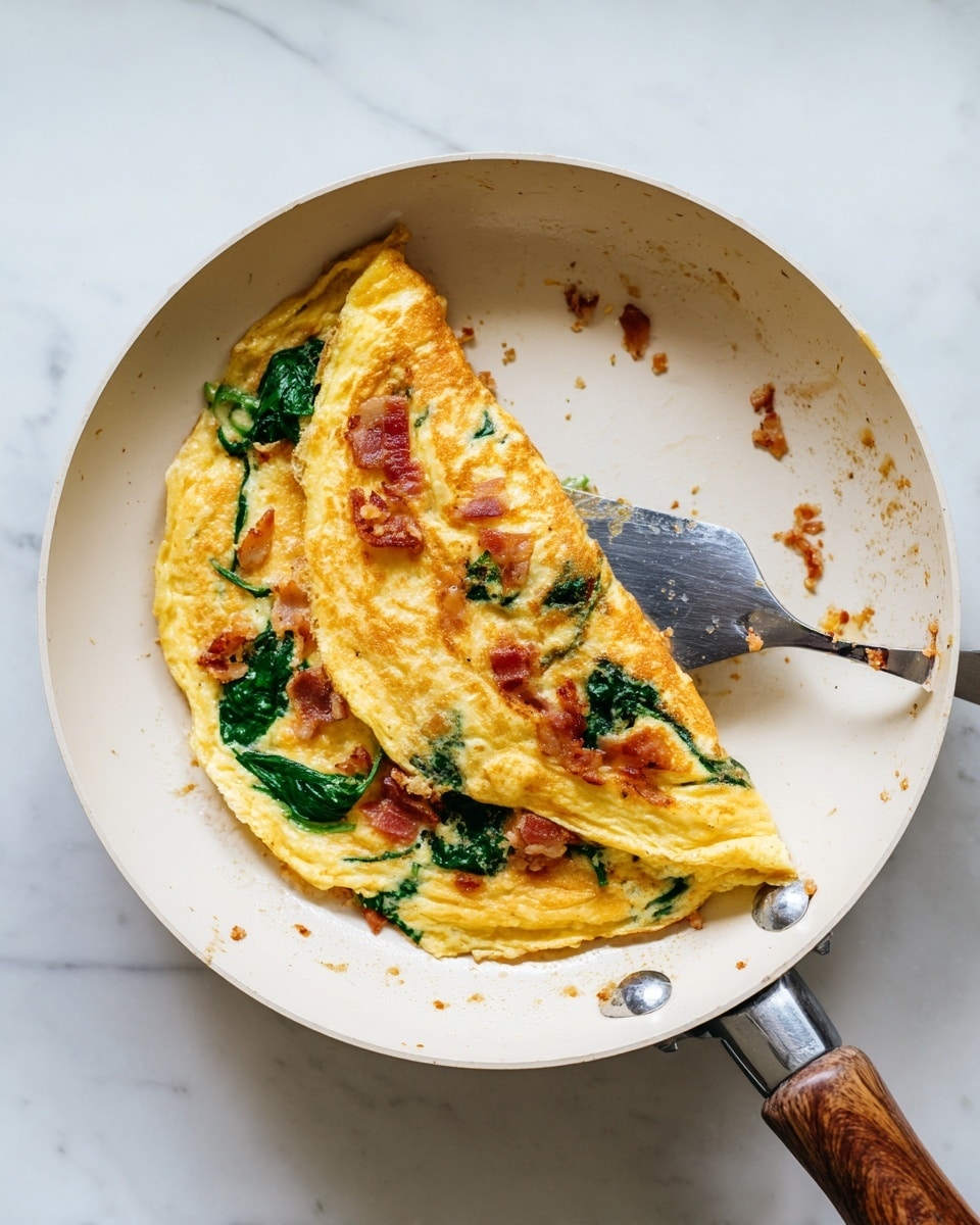 A folded yellow omelette with a slightly crispy texture on the outside sits in a white frying pan on a white marbled surface. Inside the omelette, there are green spinach leaves and small pieces of crispy reddish-brown bacon visible. A metal spatula with a wooden handle is lifting one side of the omelette, showing the layers of egg, spinach, and bacon clearly. There are small crumbs scattered around the omelette inside the pan. Photo taken with an iphone --ar 4:5 --v 7