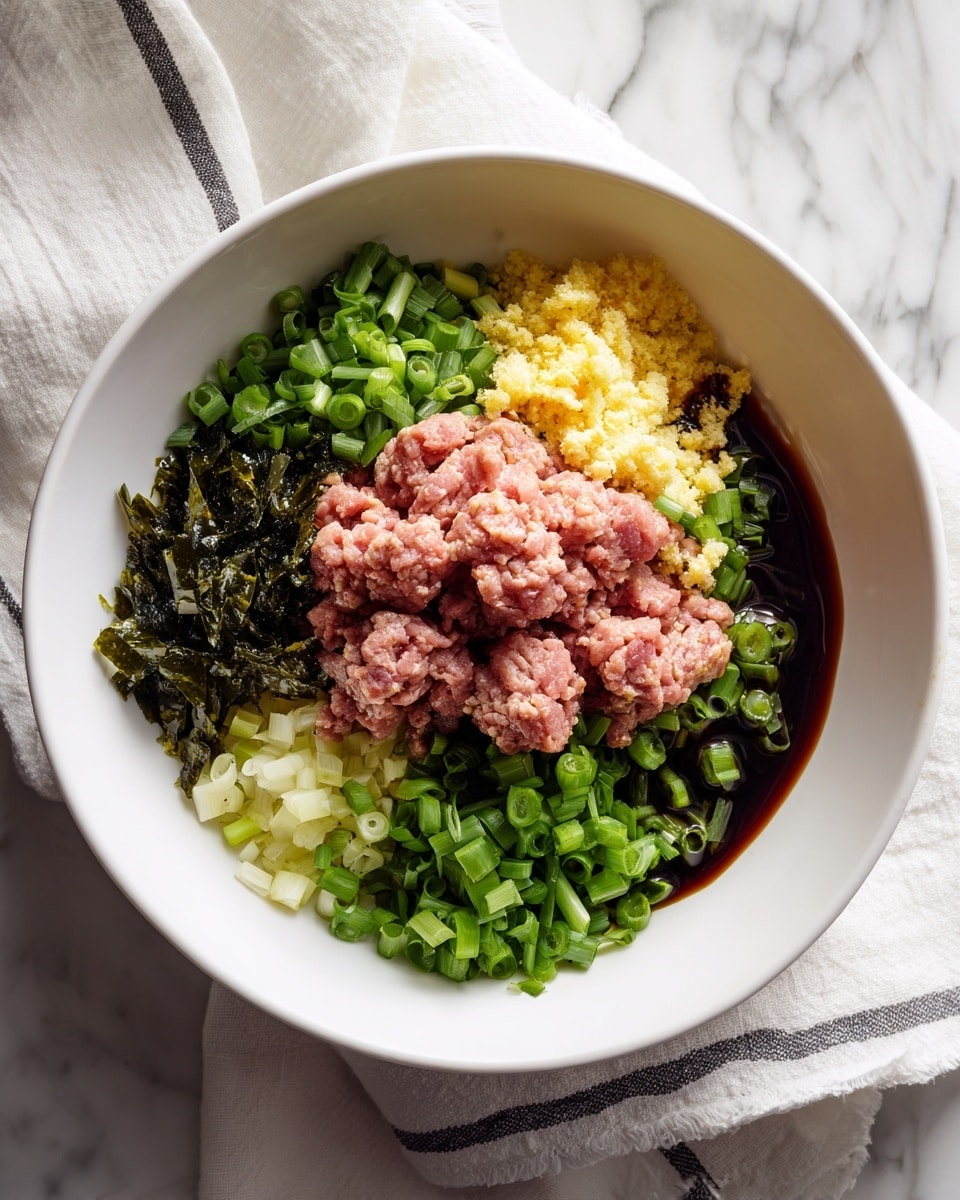 A white bowl filled with several raw ingredients layered inside. The bottom layer includes pink ground meat forming several soft clumps, surrounded on the edges by chopped dark green scallions in small pieces, creamy yellow minced garlic, and pale yellow small ginger bits spread evenly. Dark brown soy sauce drizzled lightly over the ingredients adds contrast, pooling slightly in spots. The bowl sits on a white marbled surface with a white cloth with thin black lines partly visible under the bowl. Photo taken with an iphone --ar 4:5 --v 7