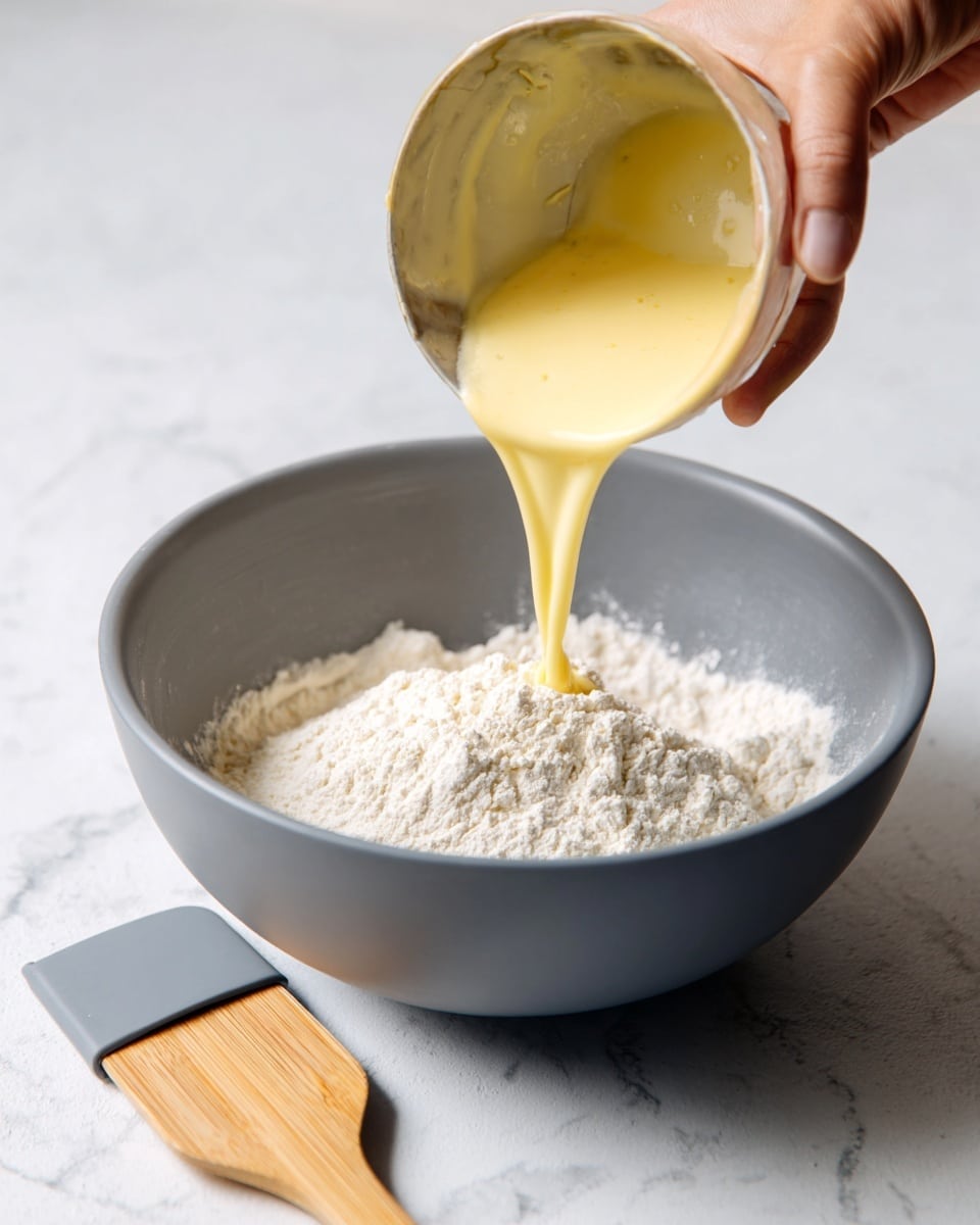 A close-up view of a gray mixing bowl on a white marbled surface, filled halfway with a dry white powder, likely flour. A woman's hand is seen pouring a light yellow, smooth liquid from a smaller steel bowl into the gray bowl, where it meets the flour. A wooden spatula with a gray silicone tip lies flat on the white marbled surface next to the bowl. The scene is bright and clean, focusing on the moment of mixing liquid into dry ingredients. photo taken with an iphone --ar 4:5 --v 7
