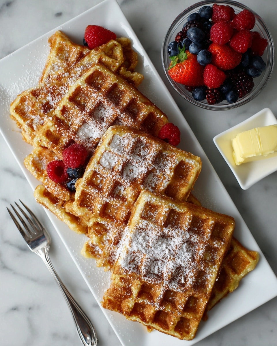 A square waffle with a golden-brown color sits in the center of a white plate on a white marbled surface. The waffle has a pat of yellow butter melting in the middle, surrounded by fresh red raspberries, blueberries, and halved strawberries scattered on top and around it. Golden syrup is drizzled over the waffle and pooling slightly on the plate. A silver fork with a small bite of waffle speared on its tines rests to the left of the waffle, partially touching the plate. Photo taken with an iphone --ar 4:5 --v 7