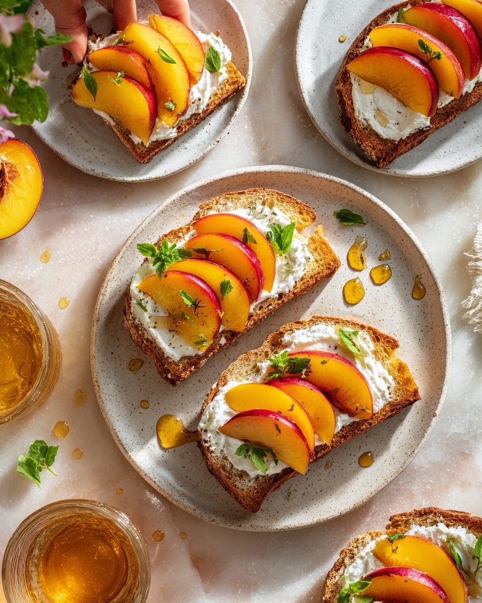 The image shows a white plate with several pieces of toasted bread as the base layer, each topped with a smooth layer of white creamy cheese, and thin slices of golden-brown apple with red edges placed gently on top. Each toast has a small sprinkle of chopped green herbs over the apple slices, and a light drizzle of honey or syrup adds a shiny texture and warm color to the dish. The toasts are arranged neatly on a white marbled surface. The lighting highlights the texture and freshness of the ingredients, and a woman's hand is partly visible in the background, reaching toward the plate. photo taken with an iphone --ar 4:5 --v 7