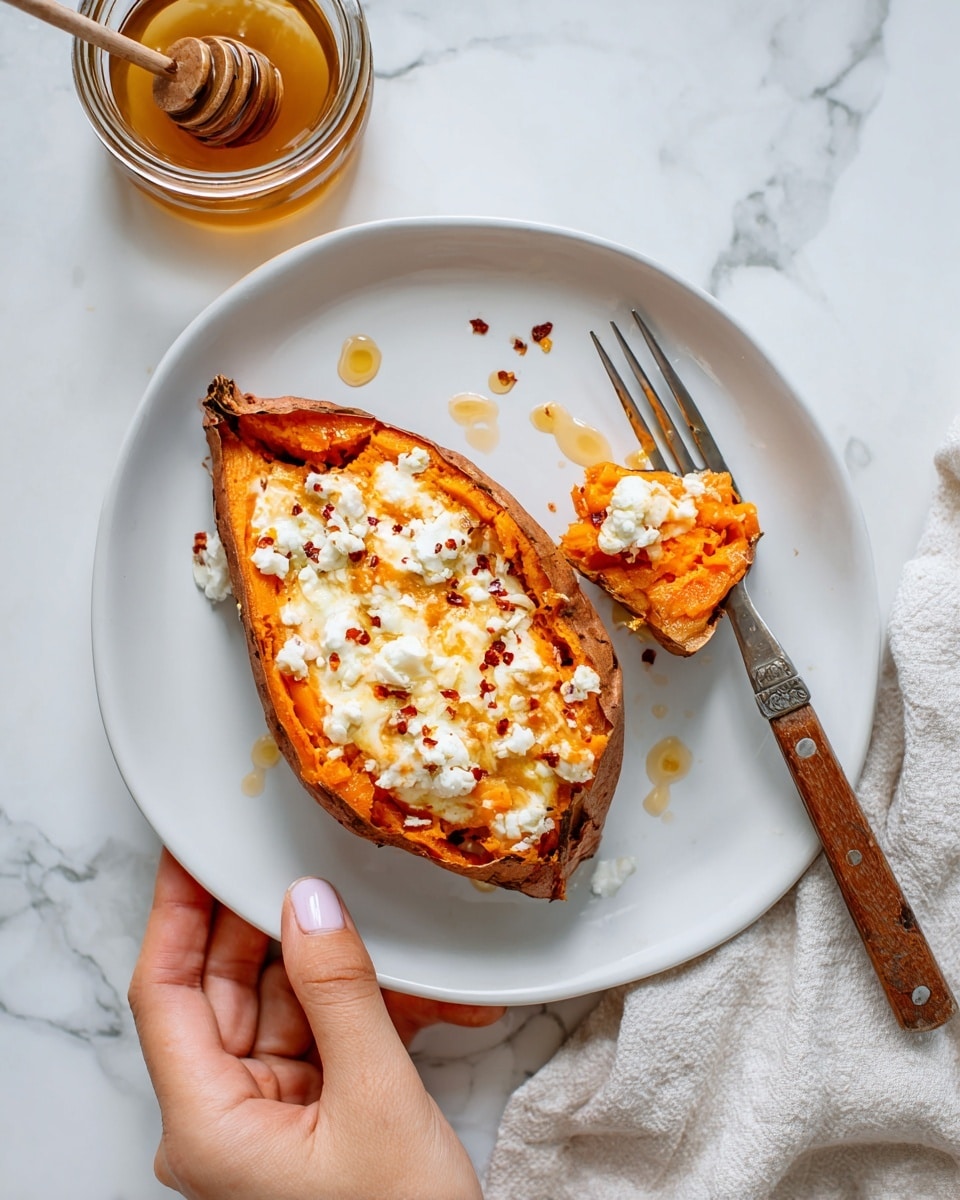 A white plate holds a baked sweet potato cut open, showing its bright orange inside with a soft texture. The potato is topped with melted cheese that is creamy white with some golden brown spots and scattered red pepper flakes on top. Surrounding the potato are small dots of golden honey sauce drizzled lightly. A silver fork with a wooden handle lies on the right side of the plate, with a portion of the sweet potato resting on its tines, held by a woman’s hand. The plate is placed on a white marbled surface alongside a glass jar of honey with a wooden dipper inside. photo taken with an iphone --ar 4:5 --v 7