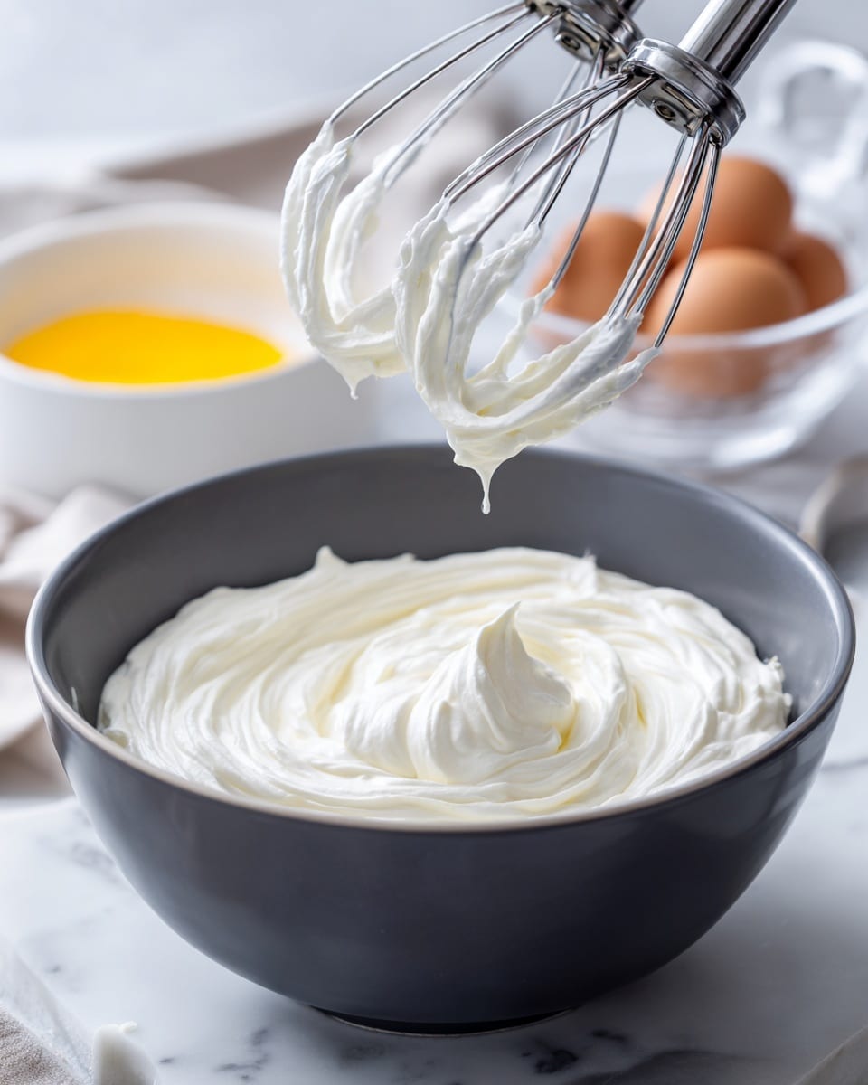A dark gray mixing bowl sits on a white marbled surface, filled with smooth, thick white whipped cream that forms soft peaks. Two metal beaters from an electric hand mixer are lifted above the bowl, each coated with the same fluffy white cream, showing clear, soft swirls and texture. In the background, a white bowl with pale yellow ingredients is partially visible on the white marbled surface. photo taken with an iphone --ar 4:5 --v 7