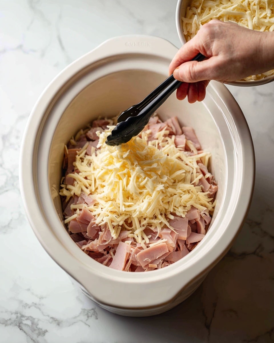 A close-up image shows a slow cooker with a layer of thinly sliced light pink ham at the bottom, topped with a generous layer of shredded pale yellow cheese. A person's hand is using black tongs to arrange the ham while a woman's hand holds a bowl filled with more shredded cheese, ready to add it into the slow cooker. The slow cooker is white and sits on a white marbled surface, adding a clean and bright background to the scene. Photo taken with an iphone --ar 4:5 --v 7