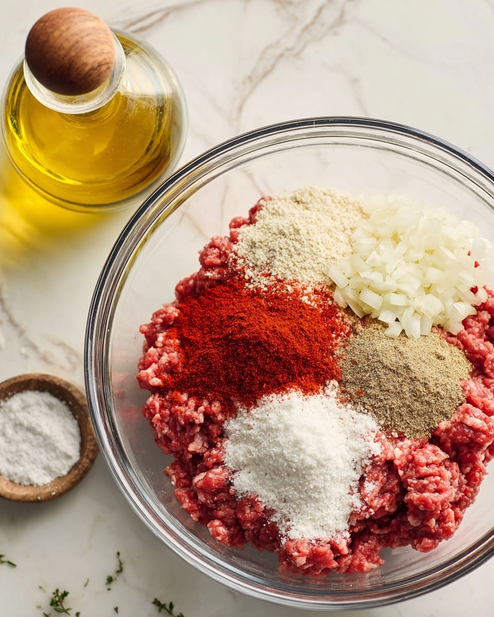 A clear glass bowl holds raw ground meat as the base layer, topped unevenly with several seasoning piles of different colors: bright red powder near the top, white granules, light brown powders, and a small amount of minced white onion. In the upper left corner, a glass bottle filled with light yellow oil and a wooden stopper sits on a white marbled surface. The background is also a white marbled texture, creating a clean and simple setting photo taken with an iphone --ar 4:5 --v 7