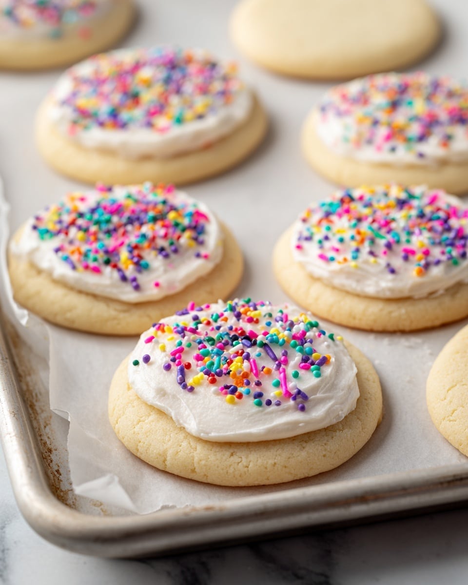 The image shows a baking tray with round sugar cookies on a white marbled surface. Six cookies are visible, three without decoration and three with a layer of white frosting on top. Each frosted cookie is sprinkled with bright, colorful sprinkles in purple, pink, yellow, green, blue, and red. The cookies are pale beige with a smooth texture and slightly rounded edges. The frosting layer is smooth and thick, covering the top center of the cookies. The tray is lined with white parchment paper. Photo taken with an iphone --ar 4:5 --v 7