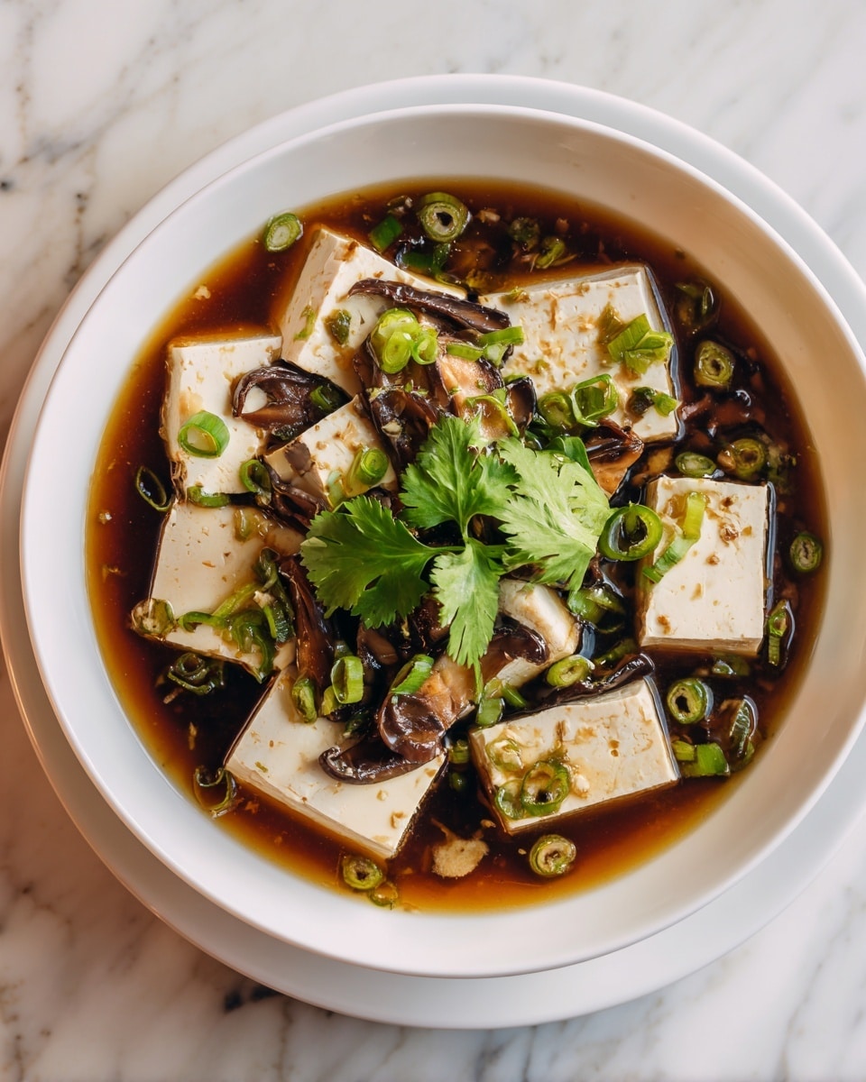 A white bowl with a thin dark rim holds a layered dish starting with a base of light brown sauce visible at the edges. On top, large, smooth, pale beige tofu pieces are arranged in a mound mixed with dark, thin strips of mushrooms that look slightly shiny and soft. Bright green curled slices of spring onion pieces are scattered across the tofu and mushrooms. A small bunch of fresh bright green cilantro leaves crowns the dish, adding a fresh pop of color. The bowl sits on a white marbled surface with a dark out-of-focus background, and the lighting highlights the moist texture of the tofu and mushrooms. photo taken with an iphone --ar 4:5 --v 7