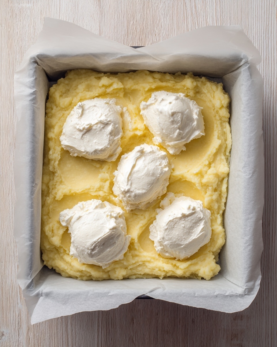 A square baking pan lined with white parchment paper holds a single layered mixture. The bottom layer is a pale yellow mashed potato spread evenly across the pan, with a slightly lumpy texture. On top of this layer, four dollops of smooth, white cream cheese are placed, spaced apart, showing a soft and creamy consistency. The baking pan is set on a light wooden surface. photo taken with an iphone --ar 4:5 --v 7