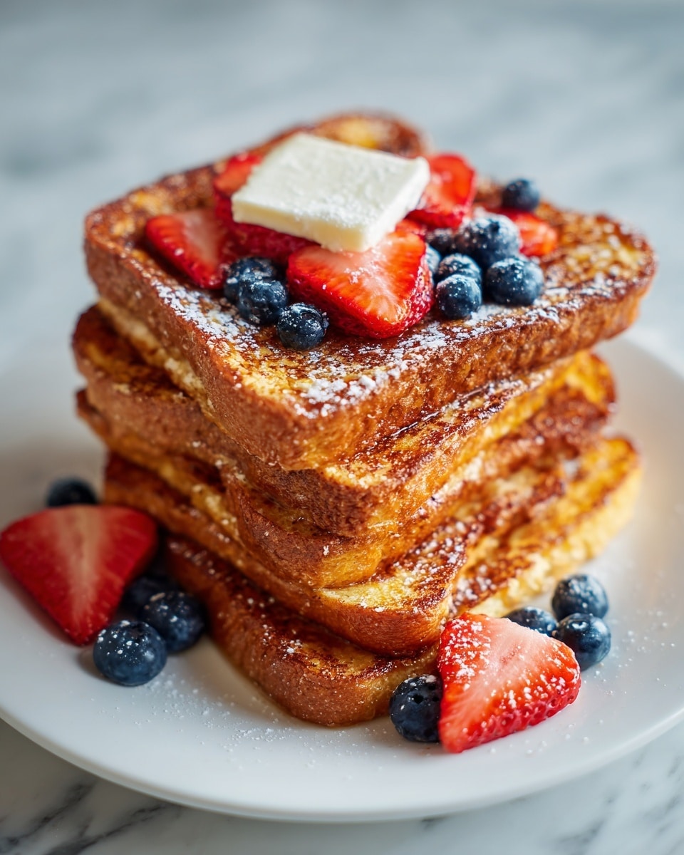 A stack of three thick, golden brown French toast slices sits centered on a white plate, each slice showing a slightly crispy, textured surface. On the top layer, a square of white butter rests in the middle, surrounded by fresh blueberries with deep blue tones and bright red strawberry slices that reveal their seeds and juicy texture. Additional blueberries and strawberry pieces are scattered around the base of the stack on the plate. The scene is set on a white marbled surface, enhancing the warm colors of the toast and fruit, photo taken with an iphone --ar 4:5 --v 7