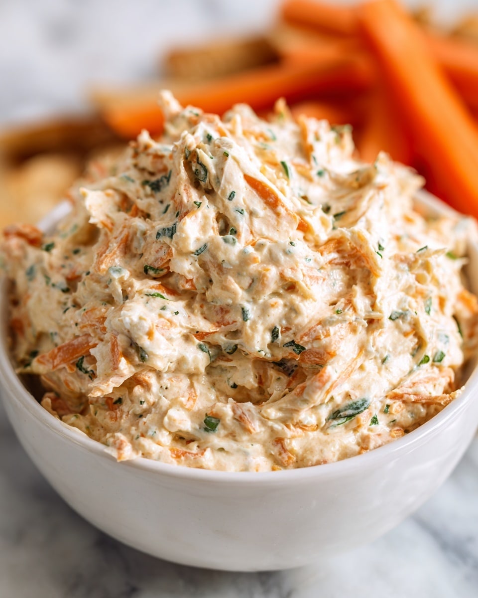 A close-up of a bowl filled with a creamy dip made of shredded light orange and white pieces mixed with small green bits, showing a thick, smooth texture. The bowl is white and sits on a white marbled surface, with some orange carrot sticks visible in the background. The creamy dip looks soft and slightly chunky with a mix of colors evenly spread throughout. Photo taken with an iphone --ar 4:5 --v 7