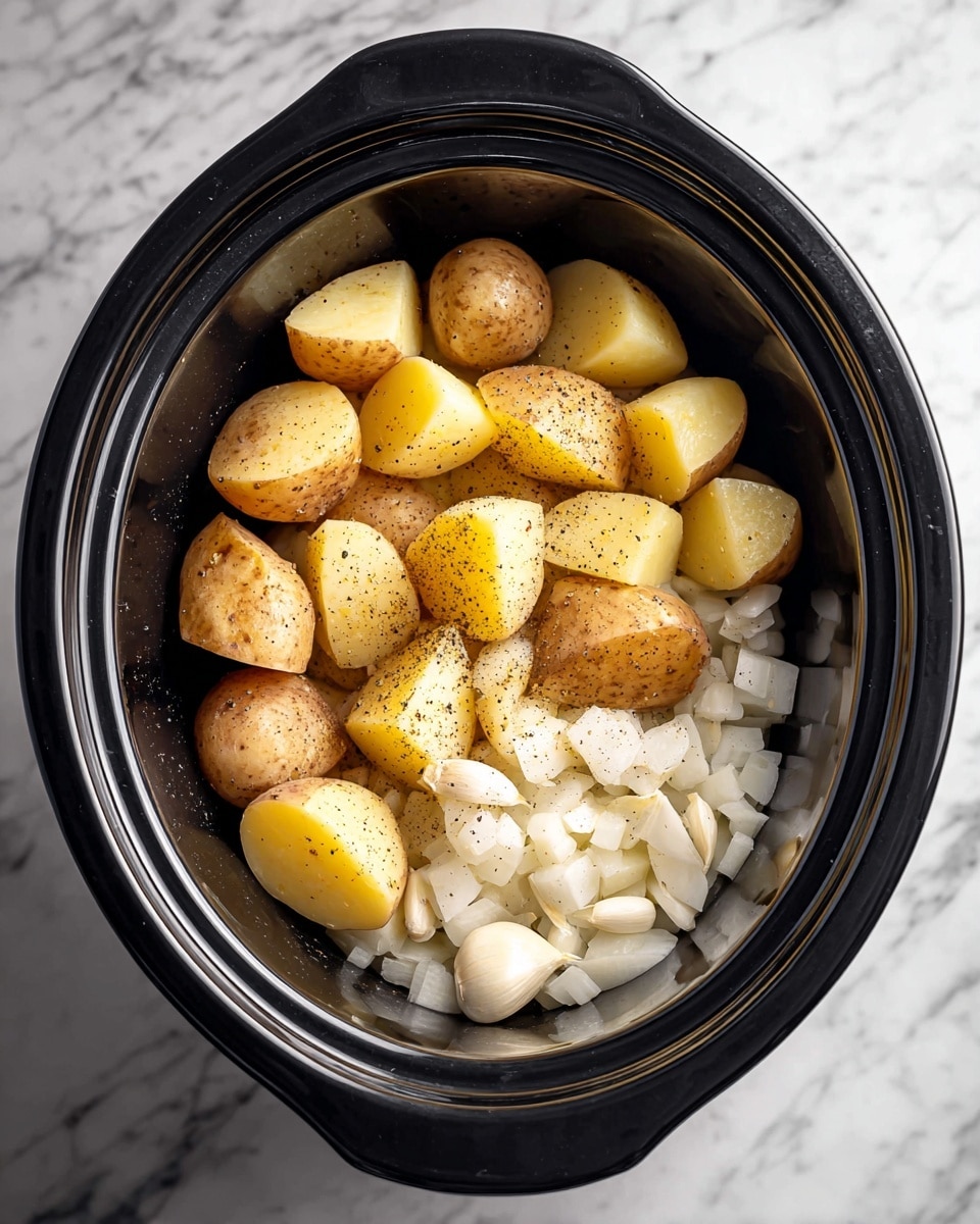 Inside a black slow cooker, there are three main layers of ingredients. The bottom layer is made of small, diced white onions with a moist texture. Above this is a layer of quartered potatoes with their brown skins on, showing a rough texture and pale yellow inside. Scattered among the potatoes are several whole garlic cloves, smooth and pale white in color. The top of the potatoes is sprinkled with black pepper, adding small dark spots. The slow cooker sits on a surface with a white marbled texture. photo taken with an iphone --ar 4:5 --v 7