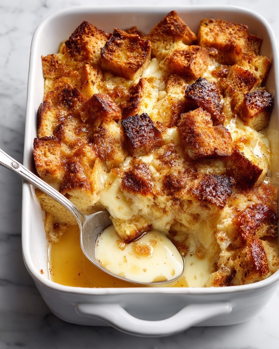 A white rectangular baking dish filled with a layered bread pudding. The top layer is golden brown and slightly crispy with specks of cinnamon and sugar, showing uneven toasted bread cubes. Below is a soft, creamy inside with visible soaked bread pieces, darker syrup pooling at the bottom edges of the dish. A silver spoon scoops some pudding from one corner, revealing a mix of soft and slightly crunchy textures. The dish sits on a white marbled surface. Photo taken with an iphone --ar 4:5 --v 7
