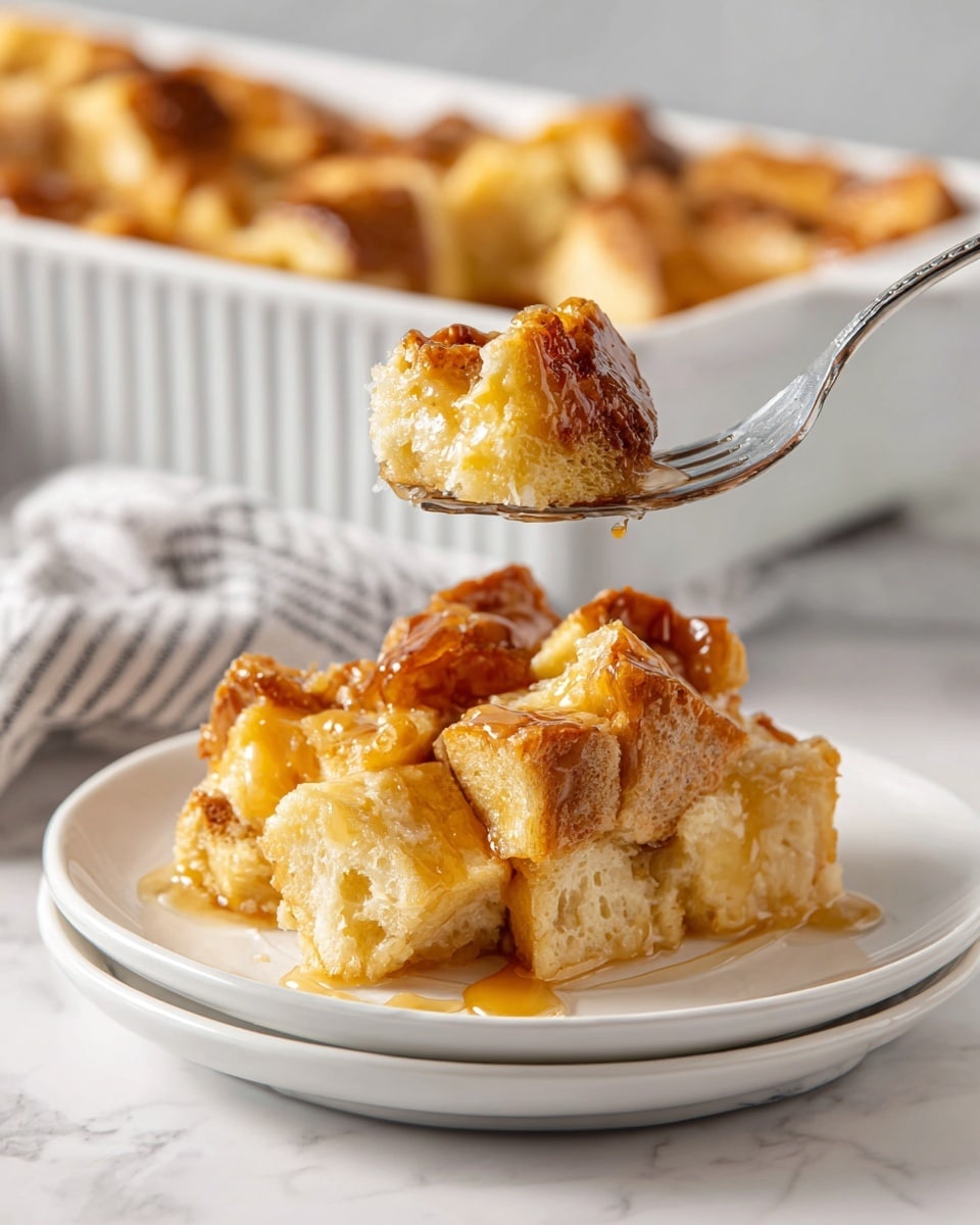 A white plate holds a serving of bread pudding made from golden brown chunks of bread soaked in a custard-like mixture, showing slightly crisp edges with a soft, moist interior. The bread pieces vary in size, layered unevenly to create a textured, chunky look. A woman’s hand is holding a metal fork above the plate, lifting a bite-sized piece covered in a shiny, caramelized glaze. In the background, a white baking dish with more bread pudding is partially visible, all set on a white marbled surface with a light gray striped cloth nearby. photo taken with an iphone --ar 4:5 --v 7