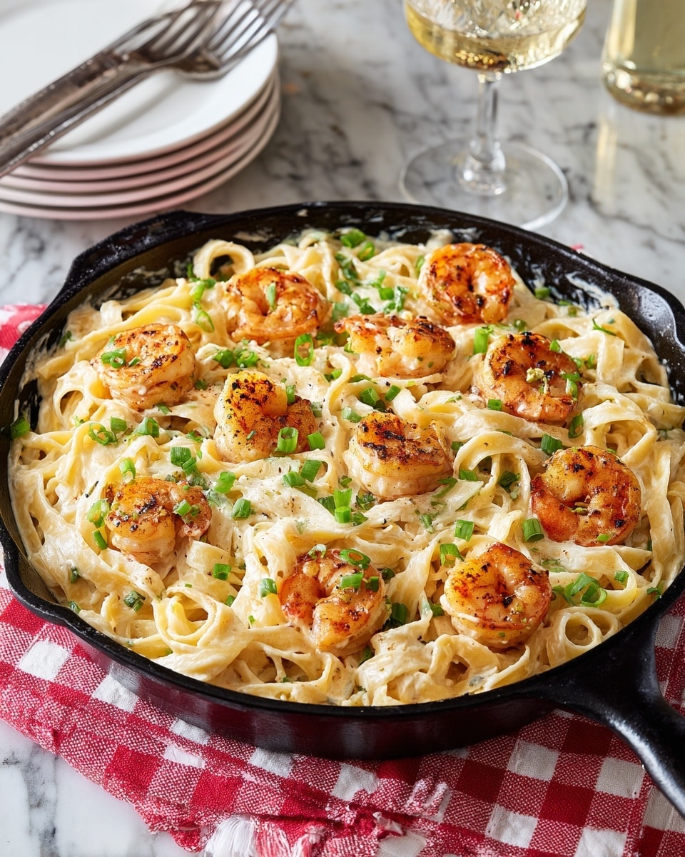 A black skillet filled with creamy white pasta coated in a smooth light beige sauce, topped with ten cooked shrimp that are pink with red tails and slightly charred edges, all sprinkled with small green pieces of chopped scallions; the skillet sits on a red and white checkered cloth on a white marbled surface, with a stack of white plates and silver forks blurred in the background, along with a glass of water and a bottle partially visible, photo taken with an iphone --ar 4:5 --v 7