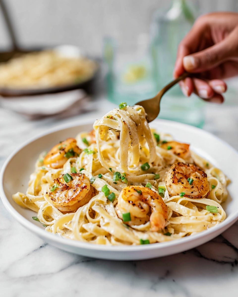 A white round plate holds creamy fettuccine pasta layered with four cooked shrimp that are golden brown with a slight char. The pasta is light beige with a smooth texture, garnished with small green chopped scallions spread evenly on top and mixed in. A woman's hand is holding a fork lifting some pasta and a shrimp above the plate, close to the center. The scene is set on a white marbled surface with a hint of a glass of water and a pan of pasta in the blurred background. photo taken with an iphone --ar 4:5 --v 7