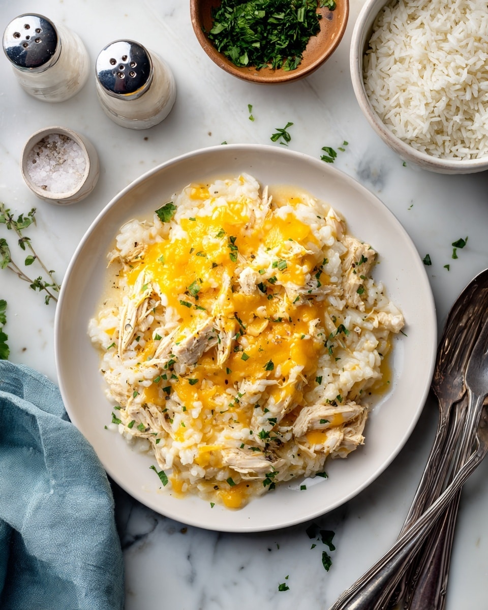 The image shows a white square baking dish filled with a creamy two-layered baked dish. The bottom layer is light beige, creamy rice mixed with shredded chicken, and the top layer is a melted bright orange cheddar cheese covering the whole dish evenly. Small green parsley bits are sprinkled lightly over the cheese for color. A wooden spoon is lifting a scoop of the dish, revealing the textured chicken and rice mixture underneath the melted cheese. The dish sits on a white marbled surface with a soft blue cloth visible at the edge, and the photo taken with an iphone --ar 4:5 --v 7