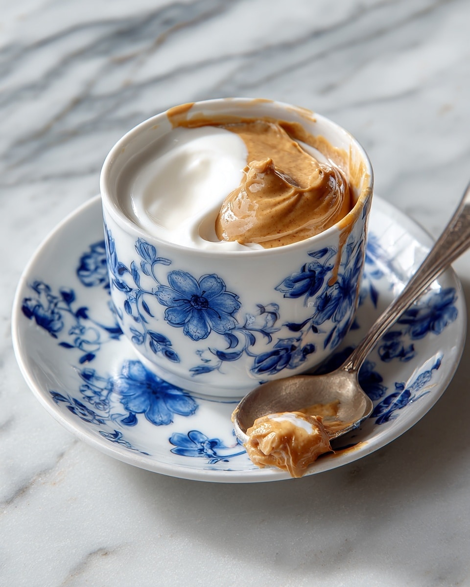 A cup with a blue floral pattern on a matching white saucer holds a two-layer dessert, with a smooth light brown creamy base and a thick white cream layer on top, partially scooped out to show both layers clearly. A silver spoon with a bit of white cream on it lies next to the saucer on a white marbled surface. Photo taken with an iphone --ar 4:5 --v 7