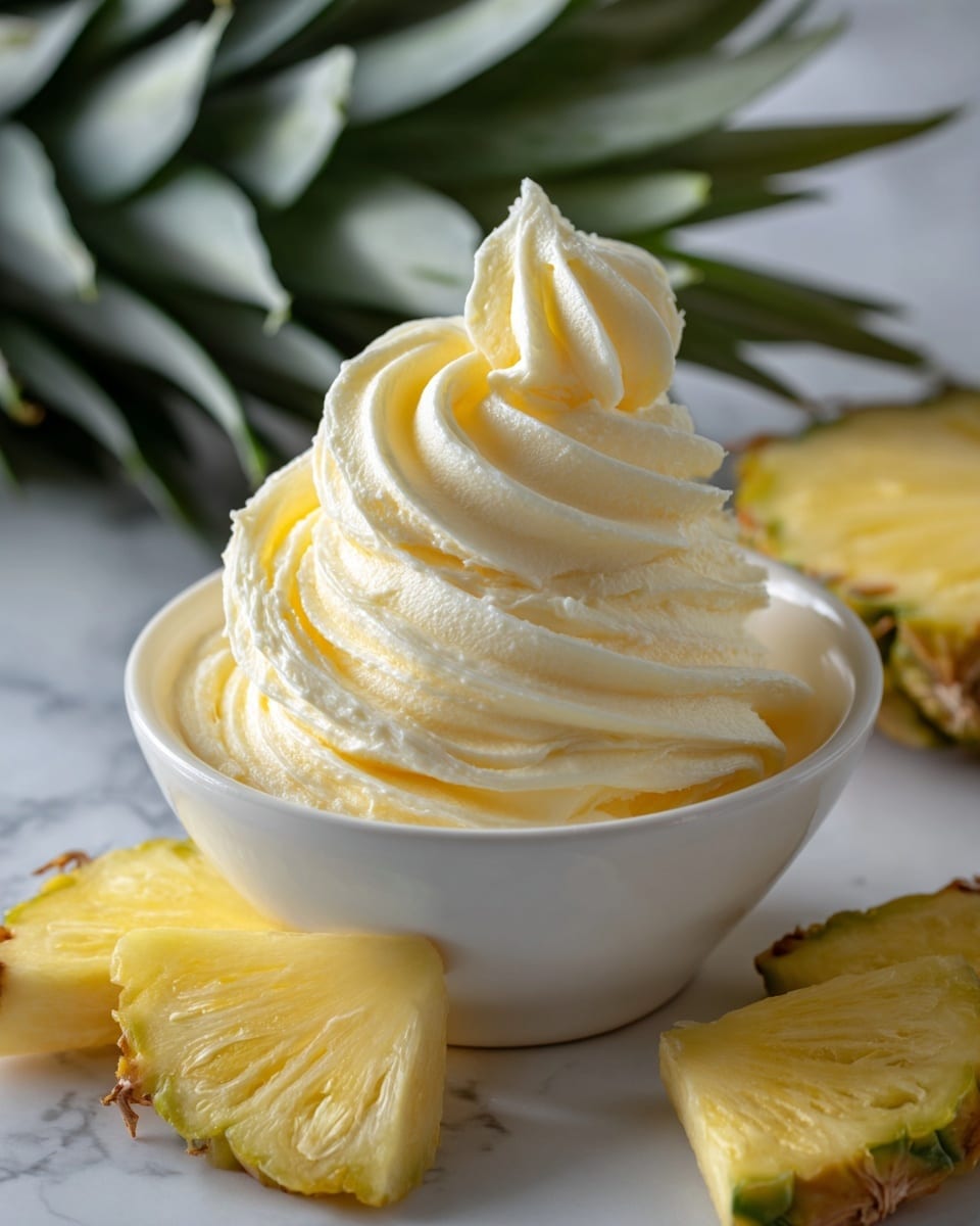 A white bowl holds a tall swirl of pale yellow creamy butter with a soft, smooth texture. Around the bowl, there are several pieces of fresh pineapple showing rough yellow skin and juicy yellow flesh. The surface underneath is a white marbled texture, adding contrast to the bright yellow and white colors in the image. In the background, blurred pineapple leaves in green add a natural touch. Photo taken with an iphone --ar 4:5 --v 7