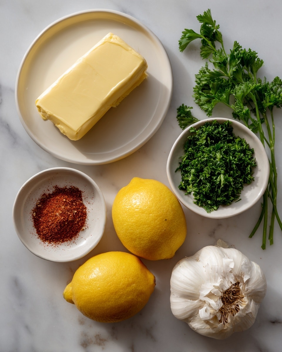 The image shows five cooking ingredients arranged on a white marbled surface. At the top left, there is a white plate with a thick yellow bar of unsalted butter. To the right of the butter, a small white bowl is filled with finely chopped fresh green parsley. Below the parsley are two whole bright yellow lemons placed close together. At the bottom left, another white bowl holds a reddish-brown powder of Cajun seasoning with visible small spice bits. Finally, at the bottom right, a whole fresh garlic bulb with a papery white skin rests directly on the surface. Photo taken with an iphone --ar 4:5 --v 7