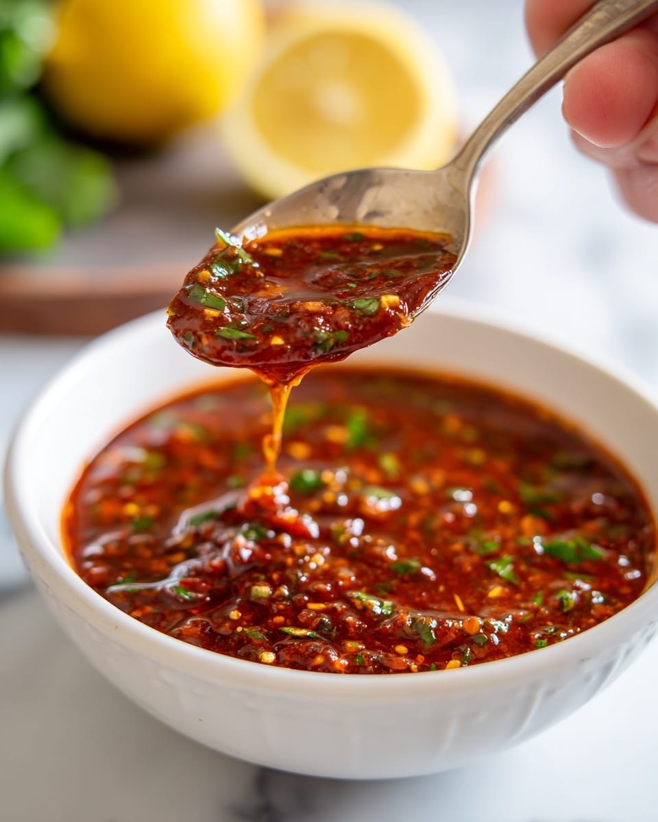 A close-up shows a white bowl filled with a reddish-brown sauce that has a shiny, oily surface with visible herbs and small bits of seasoning floating inside. A shiny silver spoon, held near the bowl by a woman's hand, is lifting some of the thick sauce which looks rich and textured with small pieces of herbs and spices. In the background, there is a slightly out-of-focus yellow corn cob and a wedge of lemon, resting on a white marbled surface. The scene captures a warm, flavorful sauce ready for dipping or pouring. photo taken with an iphone --ar 4:5 --v 7