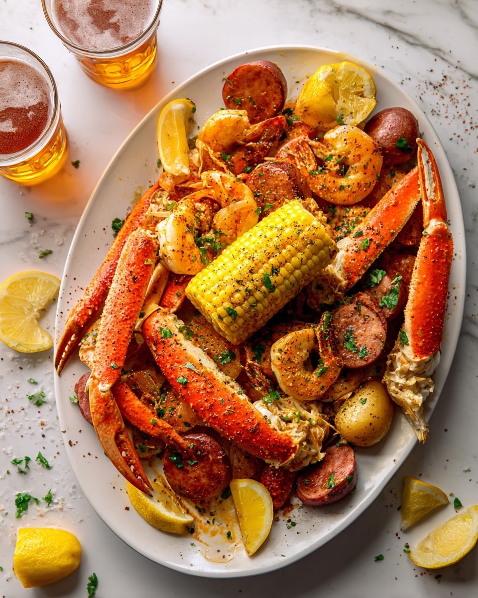 A large silver tray filled with a cooked seafood boil featuring bright orange crab legs and pink shrimp, mixed with yellow corn on the cob pieces and red and yellow small potatoes, all seasoned with green herbs and black pepper specks. There are also lemon wedges placed on the tray, adding splashes of yellow. The surface around the tray is a white marbled texture, and a greenish-brown cloth is draped on the top right corner. photo taken with an iphone --ar 4:5 --v 7