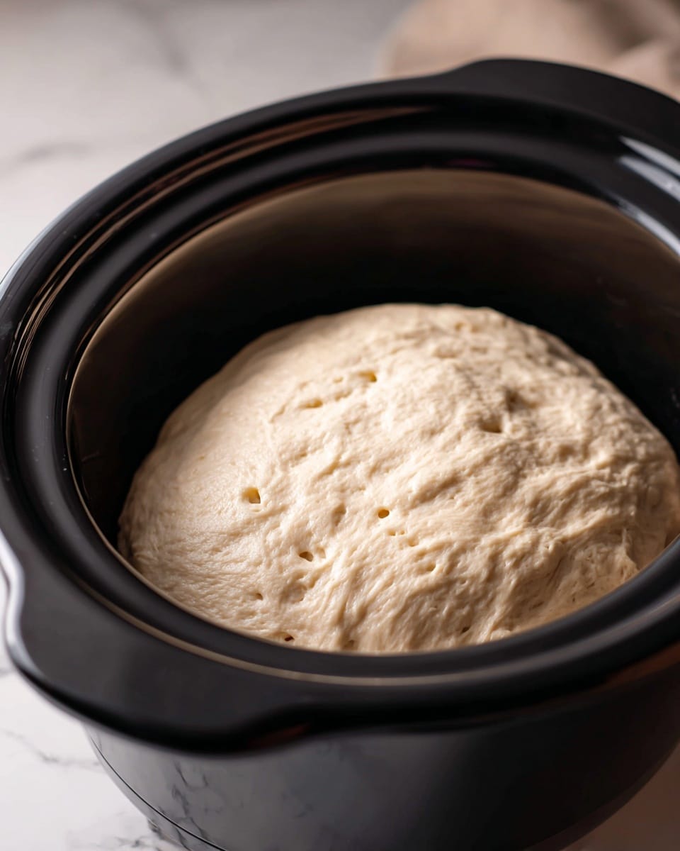 A close-up view of a single large layer of pale beige bread dough with a soft, bubbly texture sitting inside a black slow cooker with a rounded edge. The dough fills most of the cooker’s inner space, showing its uneven surface and small air pockets. The slow cooker rests on a white marbled surface, and the background is softly blurred. photo taken with an iphone --ar 4:5 --v 7