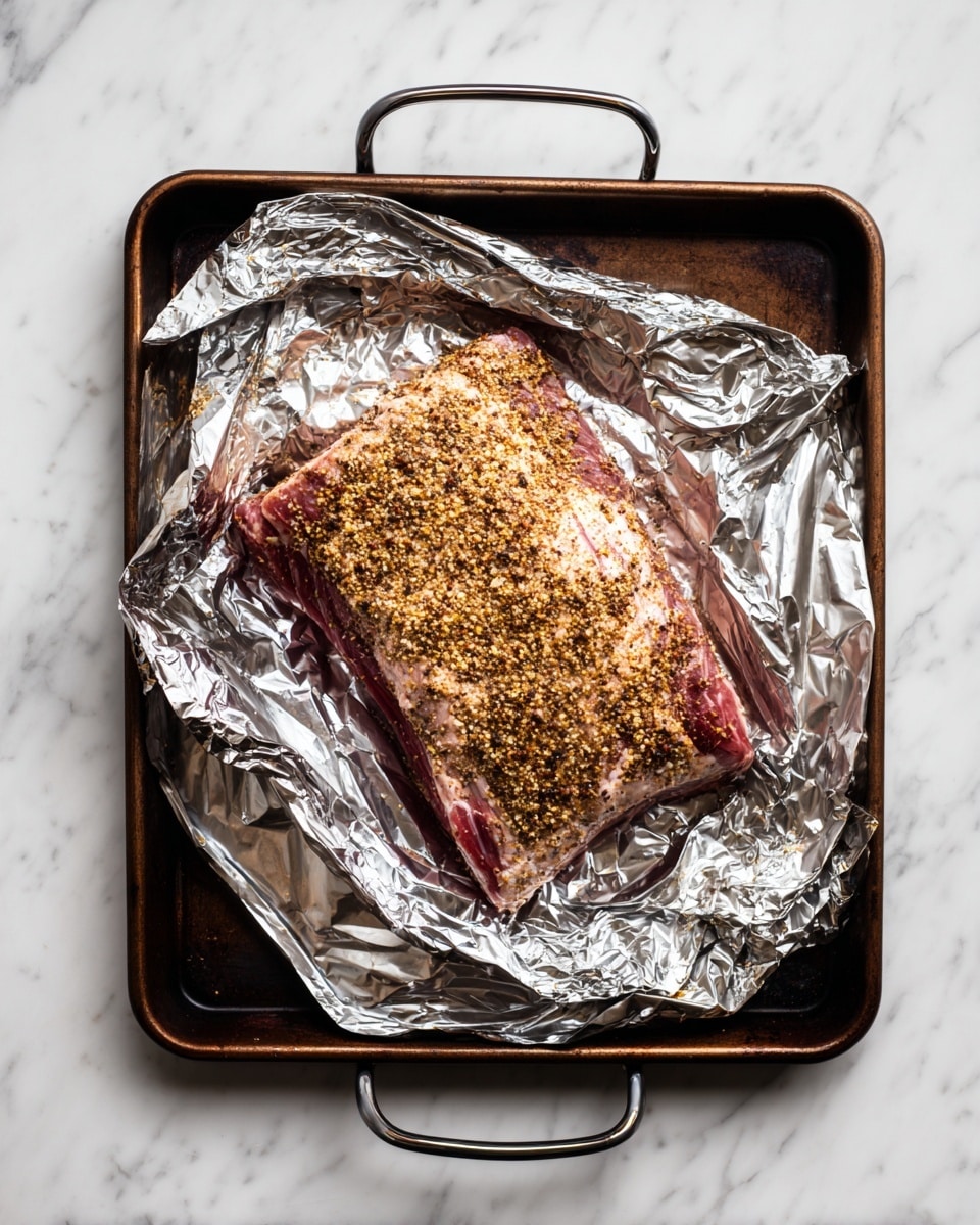 A single large piece of raw meat is placed in the middle of a silver foil sheet, which lines a dark brown baking tray with metal handles at each end. The meat is covered with a thick, grainy, yellow-brown mustard or spice rub layer, evenly spread on the top and sides, showing some pink raw skin beneath. The foil is crumpled up around the edges of the meat, creating folds and shiny reflections. The tray sits on a white marbled surface. photo taken with an iphone --ar 4:5 --v 7