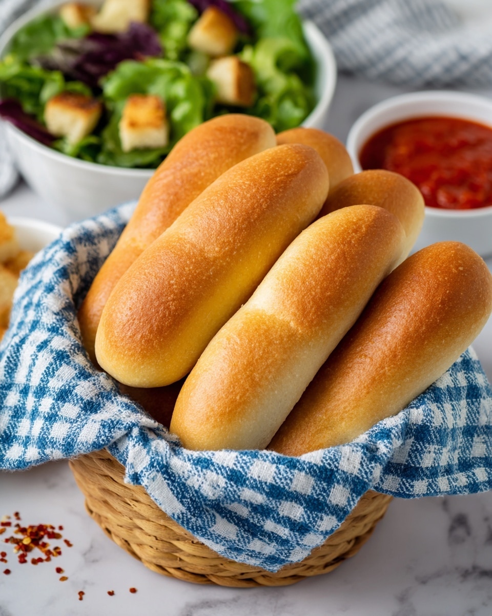 Two soft bread rolls are placed on a white plate, one lying flat and the other resting on top at an angle showing its inside texture. The top bread roll has a light golden brown crust with a fluffy, slightly porous white inside. In the background, a basket lined with a blue and white checkered cloth holds more similar bread rolls. To the left, there is a white cup filled with red sauce. The surface under the plate has a worn, turquoise look, but the main focus is on the bread. photo taken with an iphone --ar 4:5 --v 7