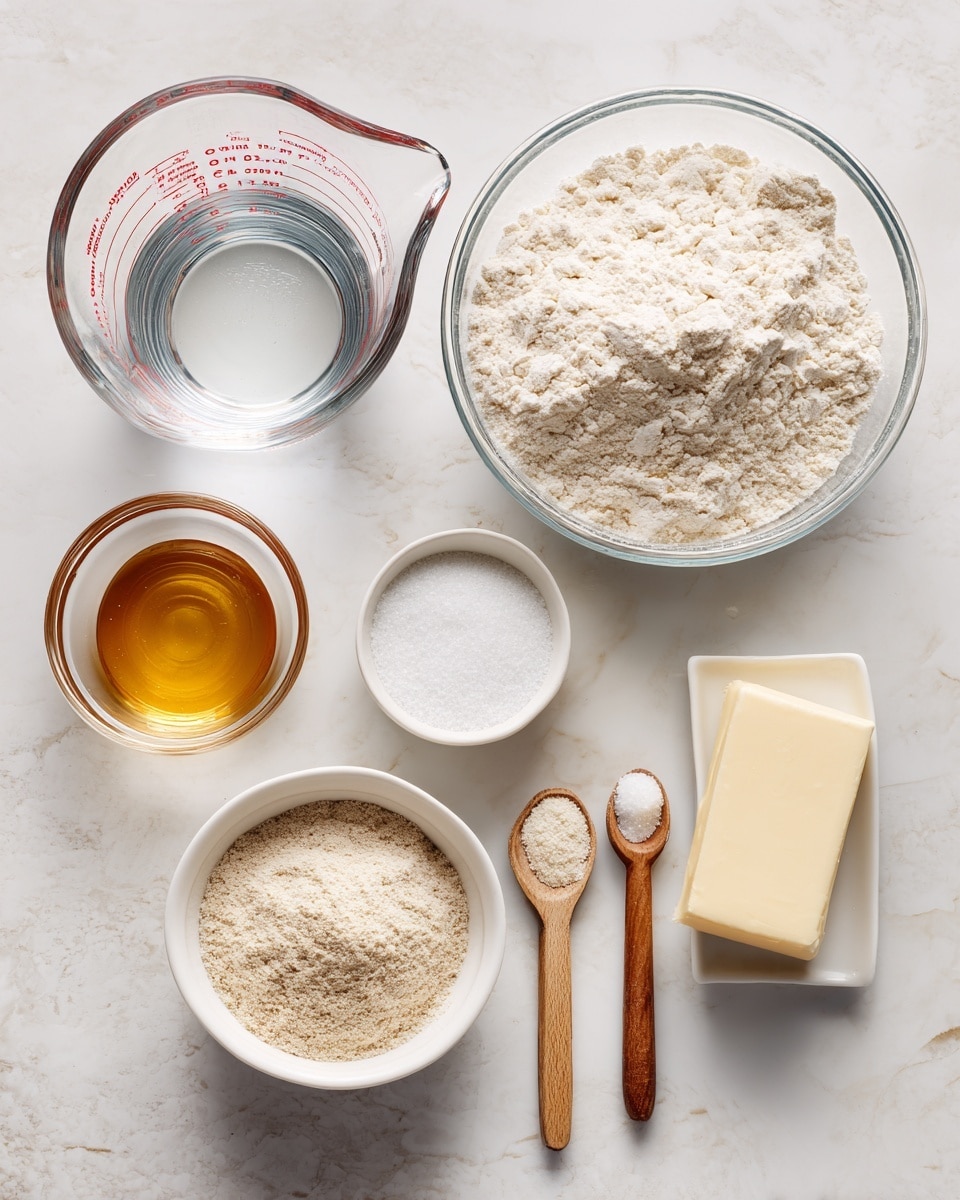 A clear glass bowl filled with two types of hard white wheat flour sits at the top right, showing a powdery texture in white and light beige shades. Below to the left, a clear measuring cup contains clear water with red measurement marks. Next to it, a small white bowl holds golden honey with a smooth texture. On the right side, two small spoons with wooden handles rest on the white marbled surface, one filled with white salt, the other with dry beige yeast powder. To the far right, a small white bowl contains a solid, pale yellow rectangle of butter, and next to it, a small glass bowl shows white milk. All containers and ingredients are set on a white marbled texture background. photo taken with an iphone --ar 4:5 --v 7