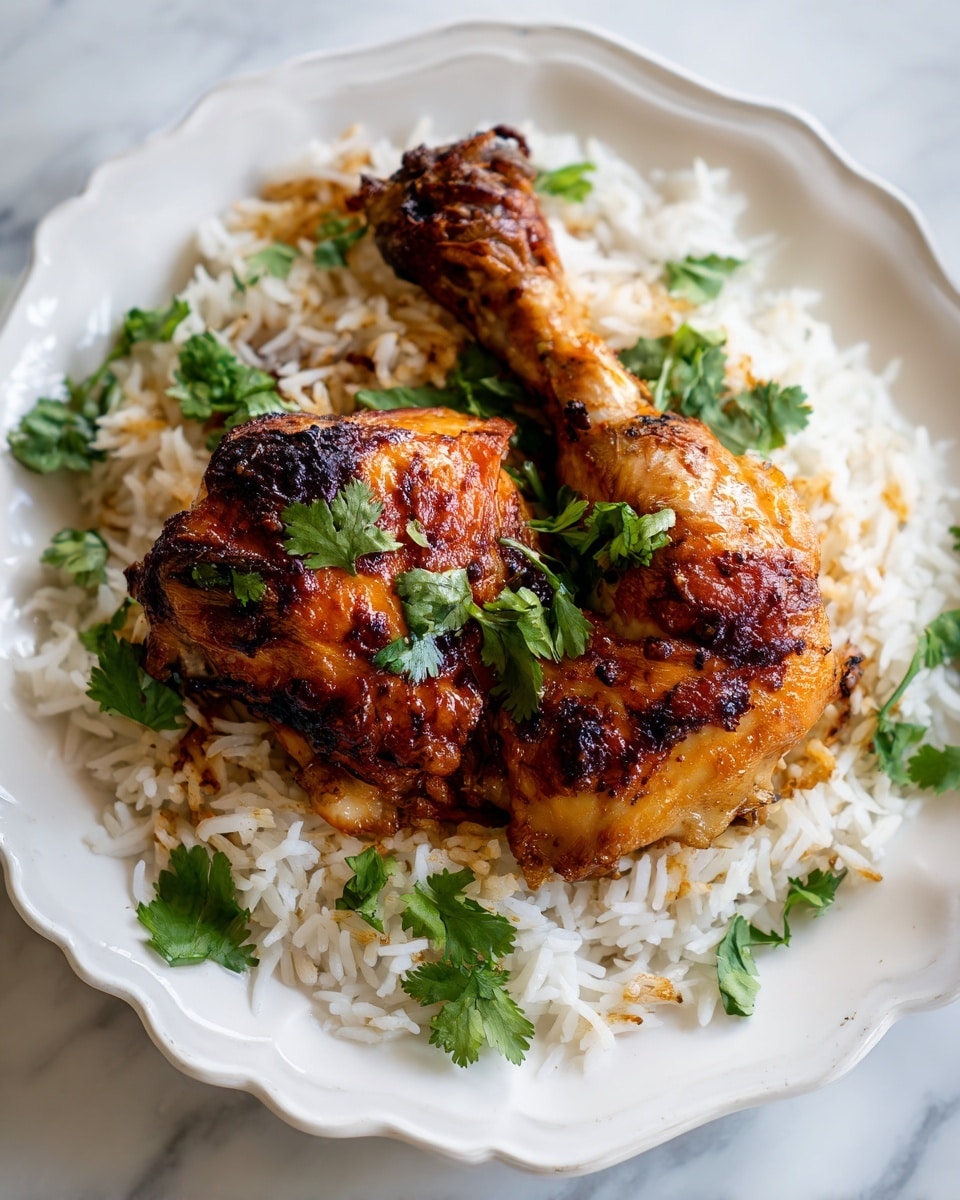 On a white plate with a slightly scalloped edge, a layer of white rice forms the base with some light golden-brown pieces mixed in. On top, there are two browned roasted chicken pieces with a crispy and shiny skin; one is a drumstick and the other a thicker thigh piece. Small green cilantro leaves are scattered both on the chicken and around the plate, adding a fresh touch. The dish rests on a white marbled surface. Photo taken with an iphone --ar 4:5 --v 7