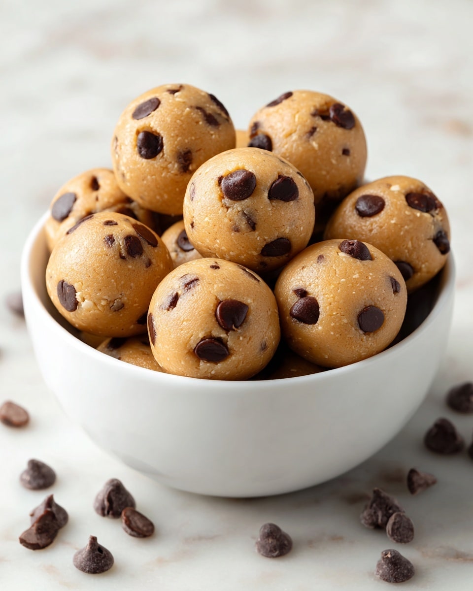 A white bowl filled with many round peanut butter balls, each one light brown with dark chocolate chips scattered throughout. The balls have a smooth but slightly textured surface and are piled high inside the bowl. In the background, some dark chocolate chips are scattered on a white marbled surface. The image is bright and clean with soft lighting. photo taken with an iphone --ar 4:5 --v 7