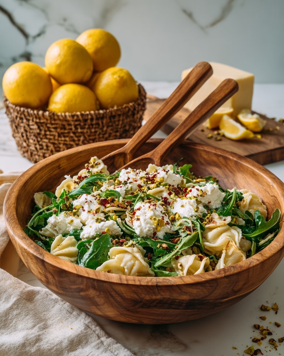 A large wooden bowl filled with three layers of food is shown. The bottom layer is white pasta with a ruffled edge. On top, there are scattered green leaves of arugula. The top layer has light green chopped nuts, small brown meat pieces, and white grated cheese sprinkled all over. The bowl is placed on a wooden table with a white marbled texture in the background, along with blurred green plants and bright yellow lemons. Photo taken with an iphone --ar 4:5 --v 7
