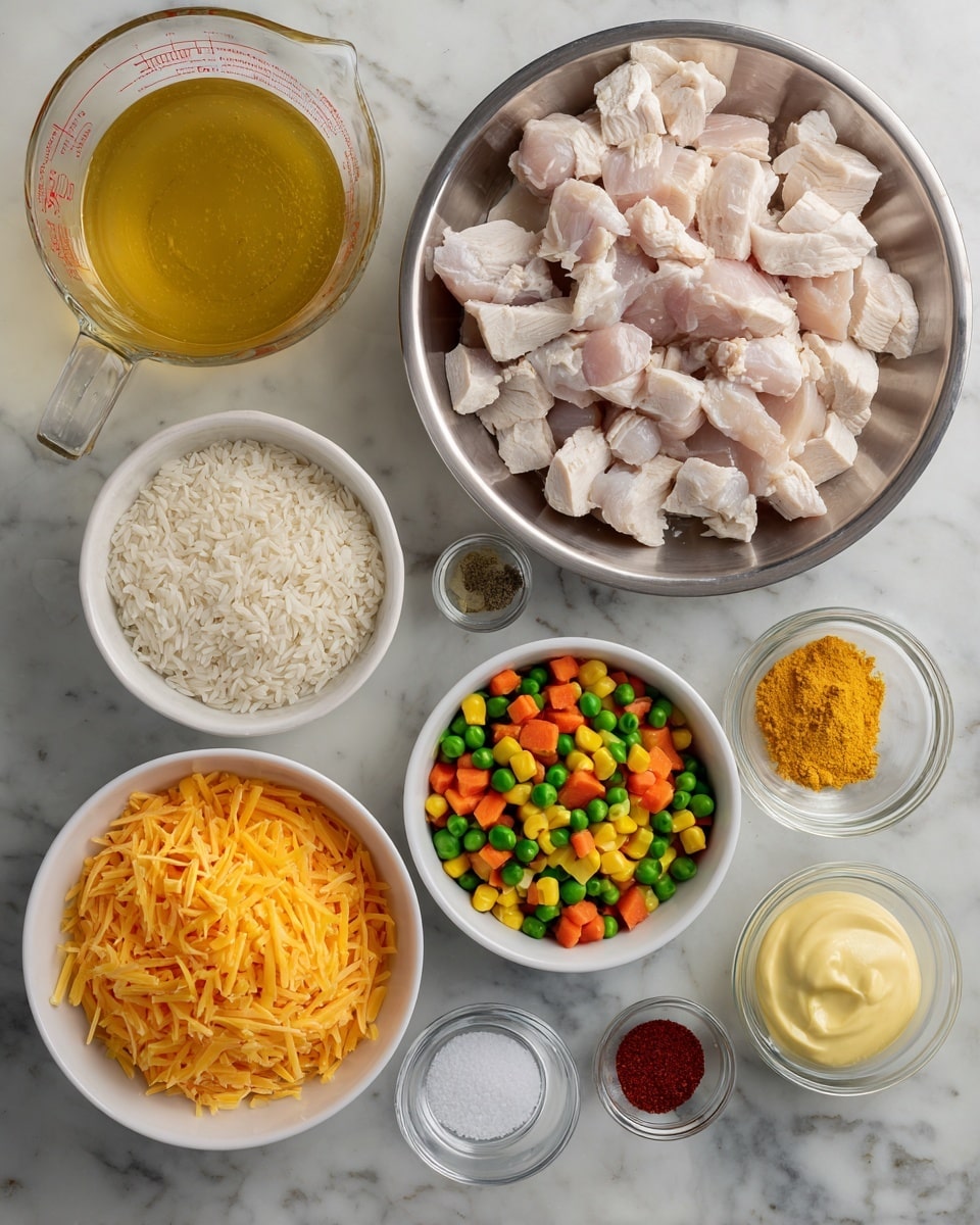 The image shows a white marbled surface with various cooking ingredients arranged neatly. In the center, there is a large silver bowl filled with raw, sliced chicken pieces. Around it are smaller white bowls containing colorful mixed vegetables with peas, diced carrots, and corn, a bowl of dry rice, and a bowl full of shredded orange cheese. A clear measuring cup is filled with a golden-yellow liquid broth. There are also several small clear glass bowls with different powdered spices, white salt, a creamy yellow sauce, and a dollop of mustard. The setup shows all the ingredients ready for a recipe. Photo taken with an iphone --ar 4:5 --v 7