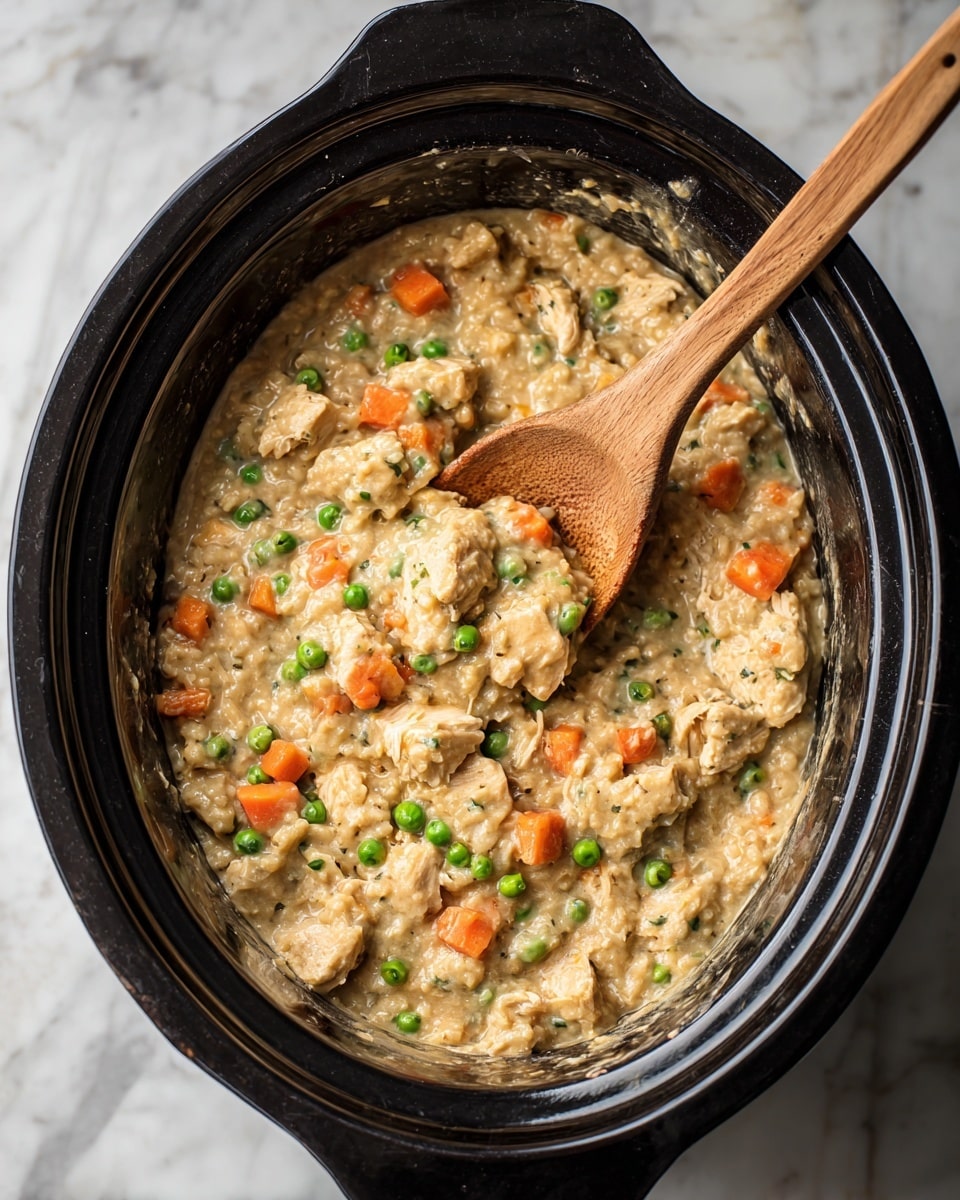 The image shows a black slow cooker filled with a thick, creamy dish made with pieces of light brown chicken, bright green peas, and small orange carrot cubes mixed in a beige, porridge-like base. A wooden spoon with a smooth texture is resting inside the slow cooker on the right side, with some of the dish scooped onto it. The slow cooker is placed on a white marbled surface which adds a clean and simple background to the image. The overall look is warm and inviting, highlighting the stew's hearty texture and colorful vegetables photo taken with an iphone --ar 4:5 --v 7