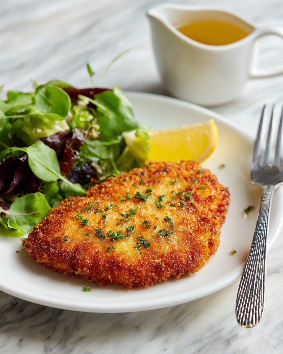 A white plate with a crispy golden-brown breaded cutlet centered on the right side, sprinkled lightly with small green herb pieces. On the left side of the plate, there is a small pile of fresh green leafy salad with different shades of green leaves, accompanied by a bright yellow lemon wedge at the front. The plate rests on a white marbled surface, with a small white pitcher filled with a light golden liquid placed behind the plate, slightly out of focus. A silver fork with a textured handle lies diagonally at the bottom right corner of the image. photo taken with an iphone --ar 4:5 --v 7