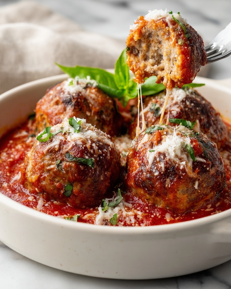 Four brown meatballs sit on top of a rich red tomato sauce inside a white dish, each sprinkled with white grated cheese. One meatball is cut open, showing a light beige inside with bits of green herbs. Behind the meatballs, there is a fresh green basil leaf for garnish. A silver fork holds a chunky bite above the dish, with melted cheese slightly stretching down from it. The dish is placed on a surface with white marbled texture. photo taken with an iphone --ar 4:5 --v 7