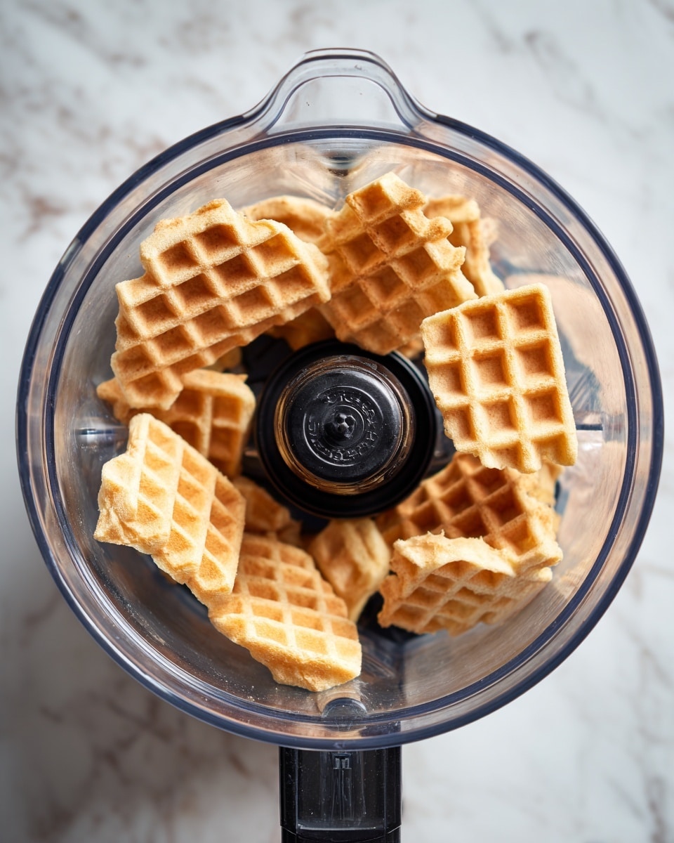 Inside a clear blender bowl, there are several pieces of waffle broken into irregular shapes. The waffles are light golden brown with characteristic square patterns and slightly uneven edges, showing a soft texture inside. The blender's black central blade holder is in the middle, surrounded by these waffle pieces. The white marbled surface is faintly visible outside the bowl. The overall look is simple with warm waffle colors contrasted against the black blender part and clear bowl photo taken with an iphone --ar 4:5 --v 7