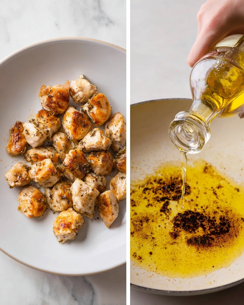 The image shows two parts side by side on a white marbled surface. On the left, there is a white round plate filled with several pieces of cooked chicken, each piece having a golden brown color with some parts lighter and some darker, showing a grilled texture. The pieces are scattered loosely on the plate. On the right, there is a close-up of a white pan with a yellow-brown oily residue, and a clear liquid being poured in from a glass bottle held by a woman's hand in the top right corner. The pan has some dark brown burnt spots, and the oil spreads unevenly across the surface. photo taken with an iphone --ar 4:5 --v 7