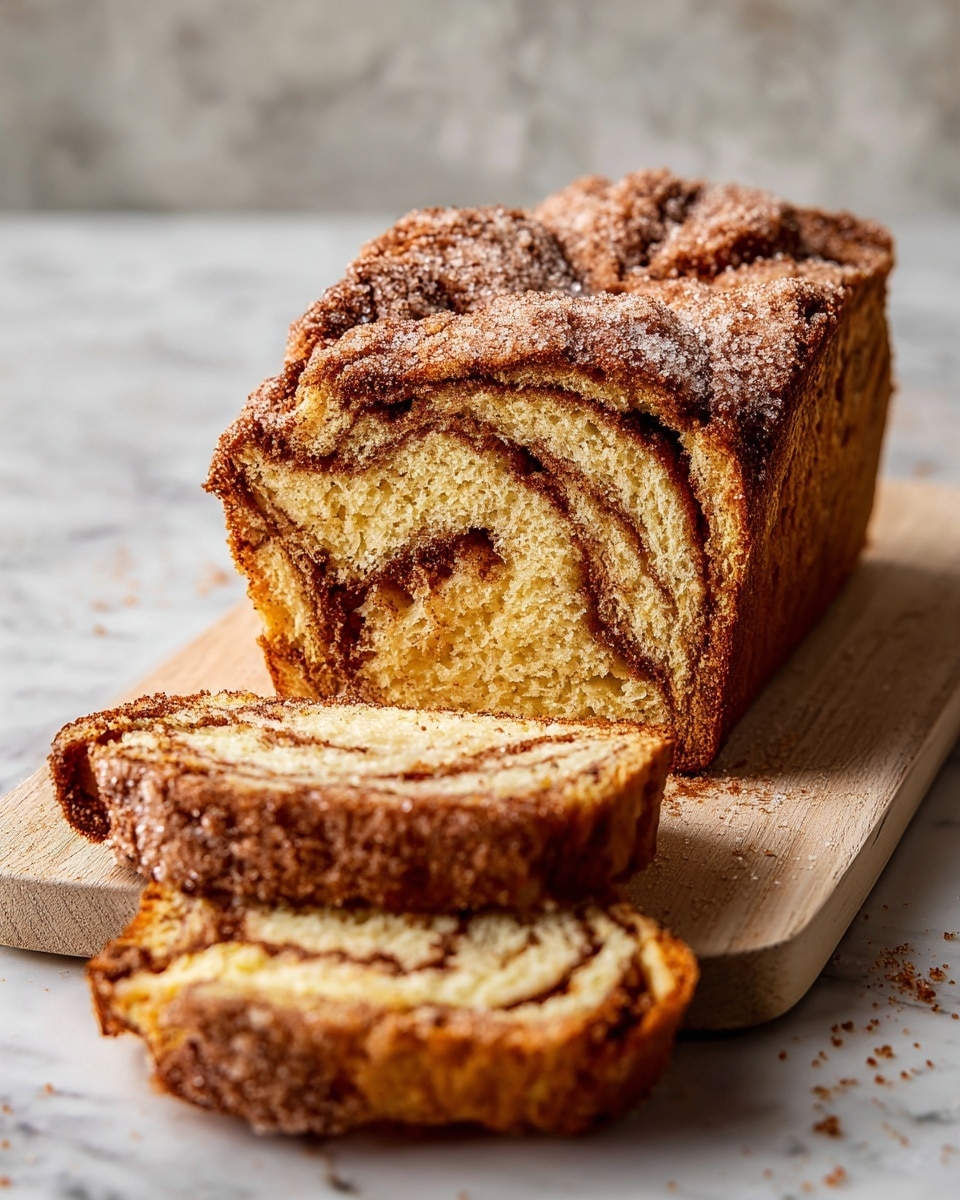 A rectangular loaf cake with a golden-brown top and darker brown swirls running around the sides, showing a marbled texture. The top surface has a cracked, crisp crust with a light dusting of powdered sugar. The cake is resting on a metal cooling rack on a white marbled surface, with some cake crumbs scattered around. The background shows a soft grayish-white brick wall, and a beige cloth is slightly visible on the right side. photo taken with an iphone --ar 4:5 --v 7