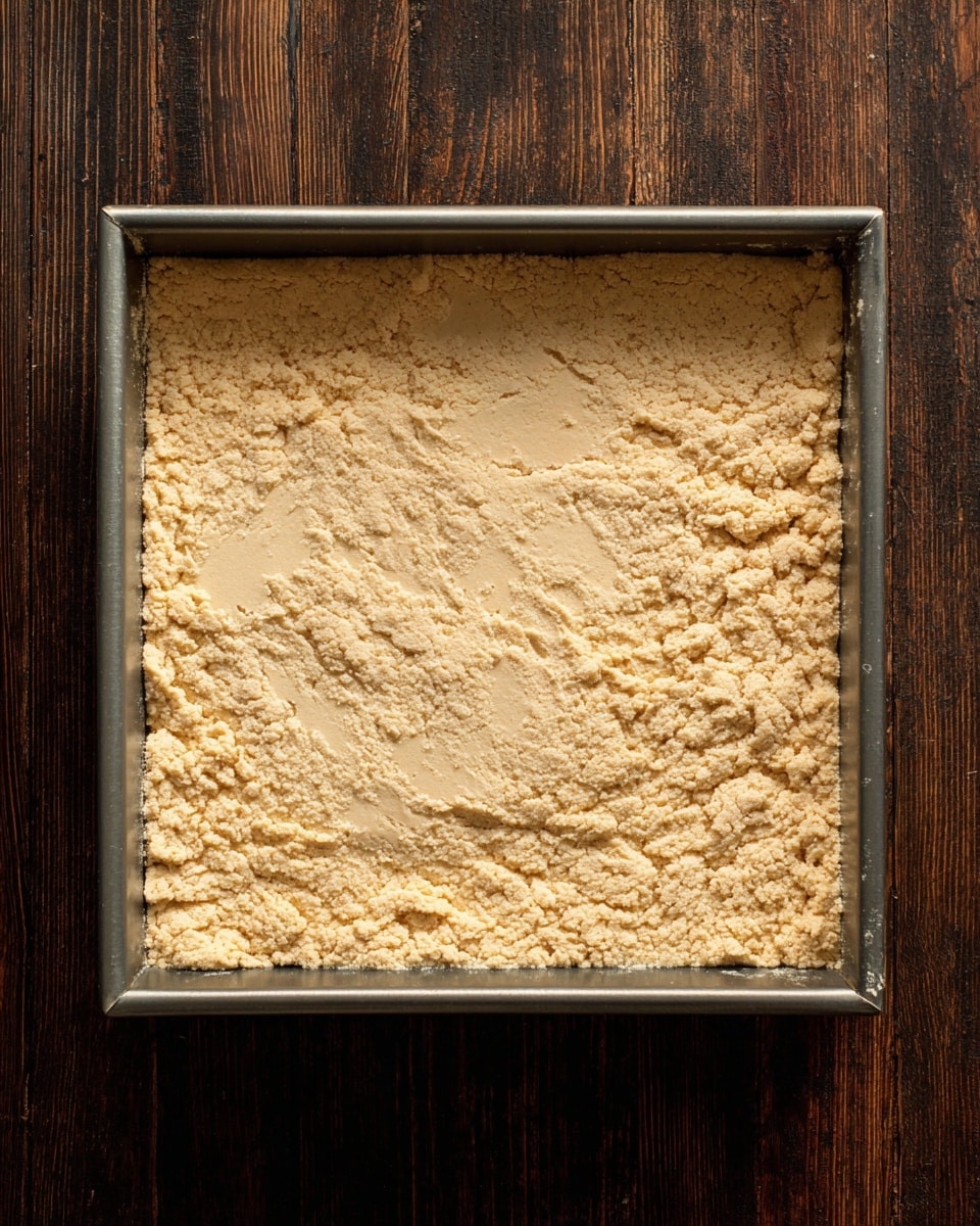 A close-up view of a single layer of light beige dough pressed flat and spread evenly inside a square metal baking pan, showing a slightly crumbly texture with small lumps and smooth press marks on top. The pan rests on a dark wooden surface. Photo taken with an iphone --ar 4:5 --v 7