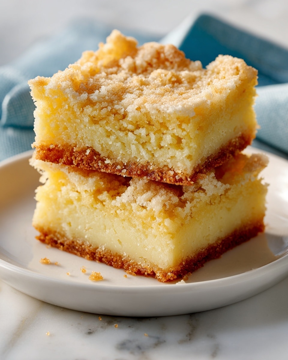 Two square pieces of crumbly cake are stacked on a white plate, placed on a white marbled surface with a blue and white cloth nearby. The cake has two layers: the bottom layer is a thick, moist, pale yellow base with a soft texture, while the top layer is a lighter golden crust with a rough, sugary and slightly crumbly texture. The edges are golden brown, showing a baked finish, and the top piece has a slightly broken corner revealing the soft inside. Photo taken with an iphone --ar 4:5 --v 7