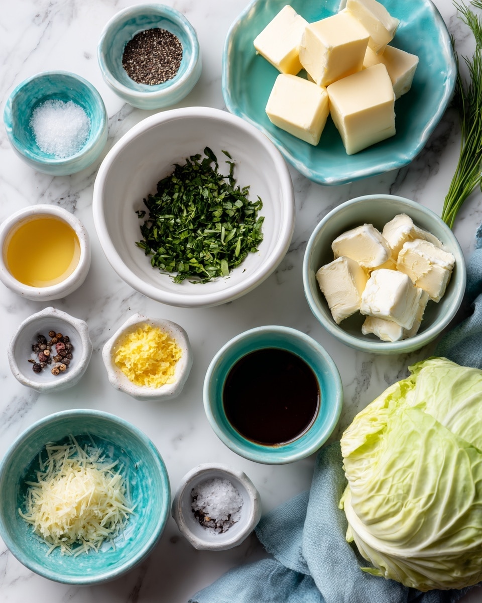 A top-down view of various small bowls arranged on a white marbled surface. In the center, there is a white bowl filled with chopped green herbs. Surrounding it are several white bowls and turquoise bowls holding different ingredients: three cubes of pale yellow butter in a turquoise bowl, minced pale yellow garlic in a white bowl, dark brown sauce in a small white bowl, lemon zest in a turquoise bowl, and small piles of salt and black pepper in a turquoise bowl. There is a large, light green cabbage head resting partially on a blue cloth on the right. Each bowl and ingredient is distinct and neatly placed, capturing a neat and clean kitchen setup. Photo taken with an iphone --ar 4:5 --v 7