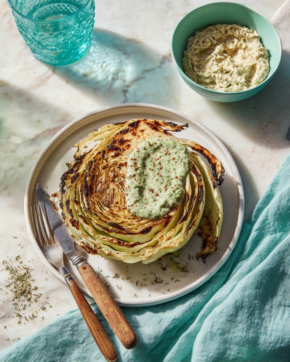 A round, thick slice of grilled cabbage with charred edges and layers in light green and golden brown sits in the center of a white plate. On top of the cabbage slice is a dollop of green herb sauce with visible specks of red and white ingredients. To the right, on the white marbled surface, lies a small light turquoise bowl filled with a chunky light beige mixture. A fork and knife with wooden handles rest to the left of the plate on the same surface. A partially visible turquoise cloth is draped beneath the white plate, adding a soft texture to the setting. A clear blue glass sits in the upper left corner, casting light reflections on the background photo taken with an iphone --ar 4:5 --v 7
